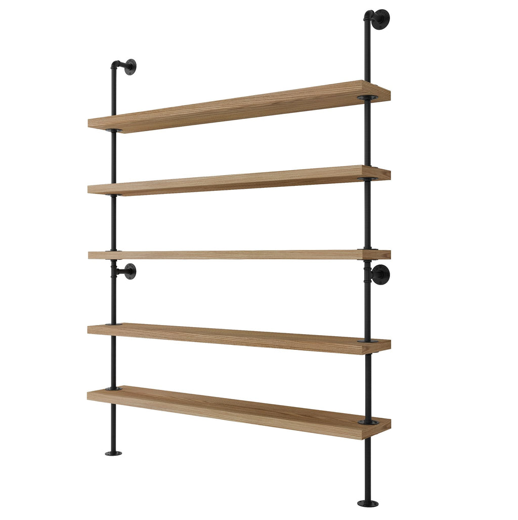 Wallniture 60" Long 5 Shelf Bookcase with 9.25" Deep and 1.5" Thick Real Solid Wood Boards, Standing Bookshelf with Pipe Style Wall Support - 5 Tier - Burnt