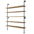 Wallniture 60" Long 5 Shelf Bookcase with 9.25" Deep and 1.5" Thick Real Solid Wood Boards, Standing Bookshelf with Pipe Style Wall Support - 5 Tier - Burnt