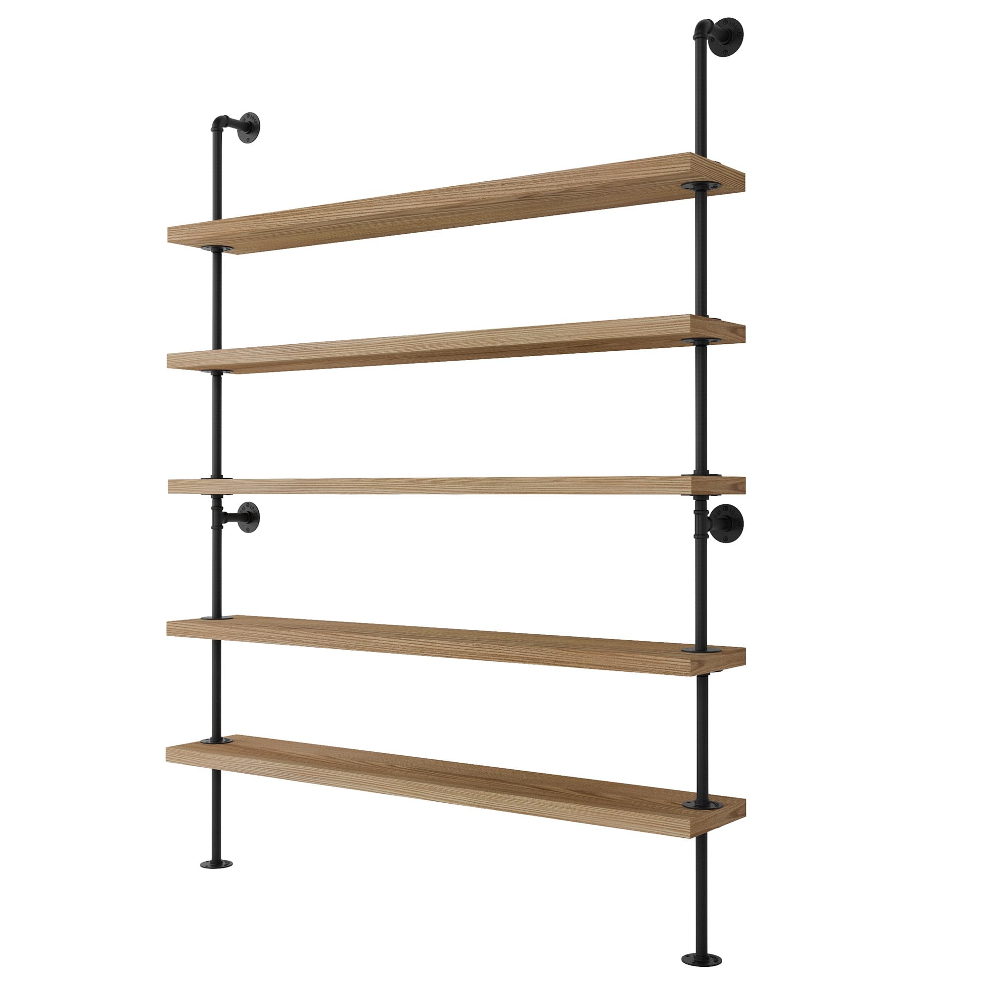 Wallniture 60" Long 5 Shelf Bookcase with 9.25" Deep and 1.5" Thick Real Solid Wood Boards, Standing Bookshelf with Pipe Style Wall Support - 5 Tier - Burnt