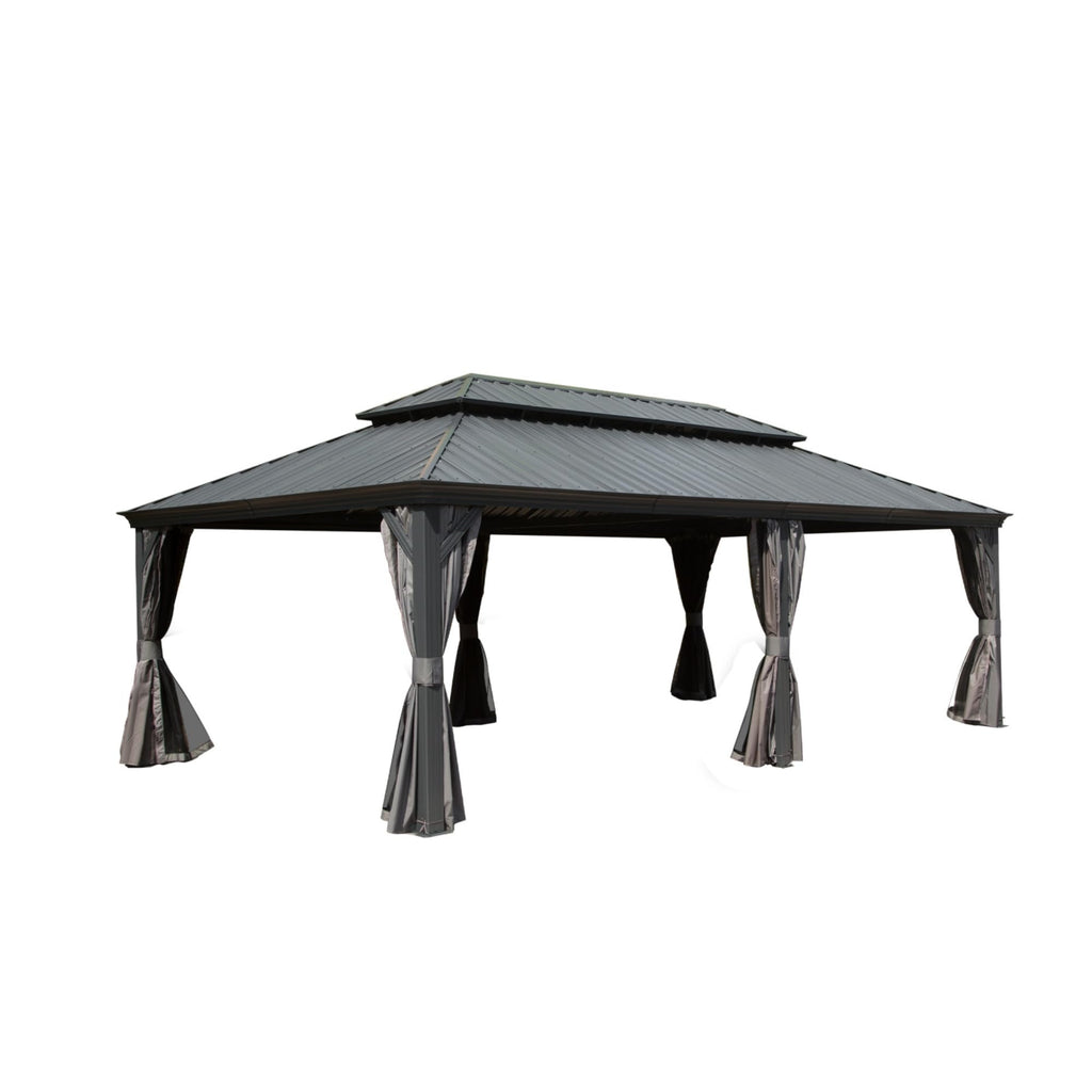 Ginkartu Hardtop Gazebo, Outdoor Gazebo with Galvanized Steel Double Roof, Aluminum Frame, Built-in Gutter System, Curtain and Netting, Metal Gazebo Pavilion for Patio Deck Garden, Grey