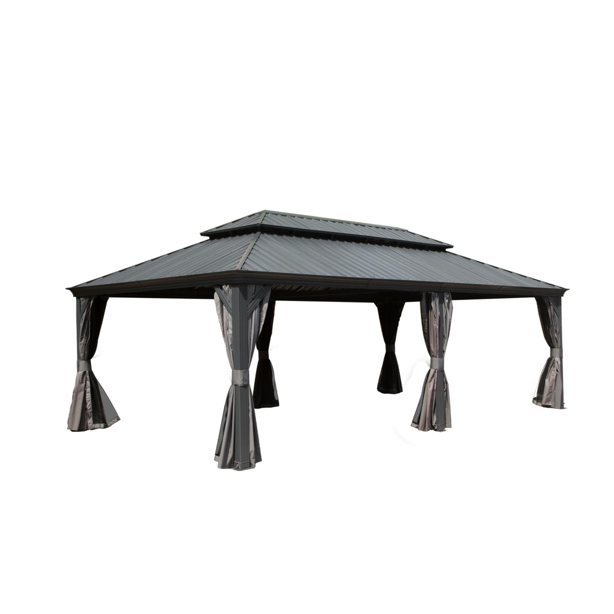 Ginkartu Hardtop Gazebo, Outdoor Gazebo with Galvanized Steel Double Roof, Aluminum Frame, Built-in Gutter System, Curtain and Netting, Metal Gazebo Pavilion for Patio Deck Garden, Grey