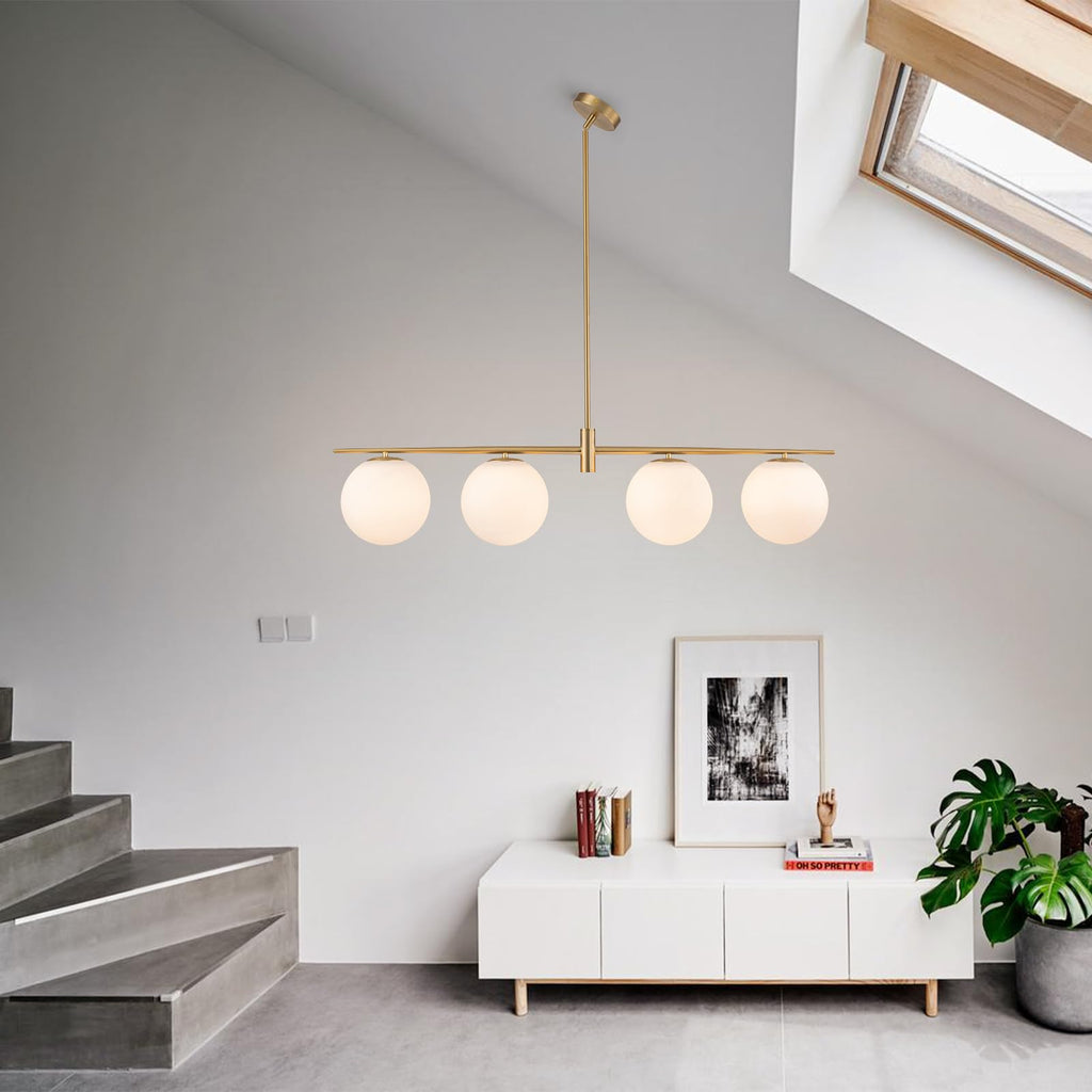Zicbol 45.3" Modern Linear Chandelier 4-Lights Milk Glass Globe Linear Pendant Light Fixture Brushed Gold Mid Century Chandelier Kitchen Island Dining Room Light Fixture Over Table