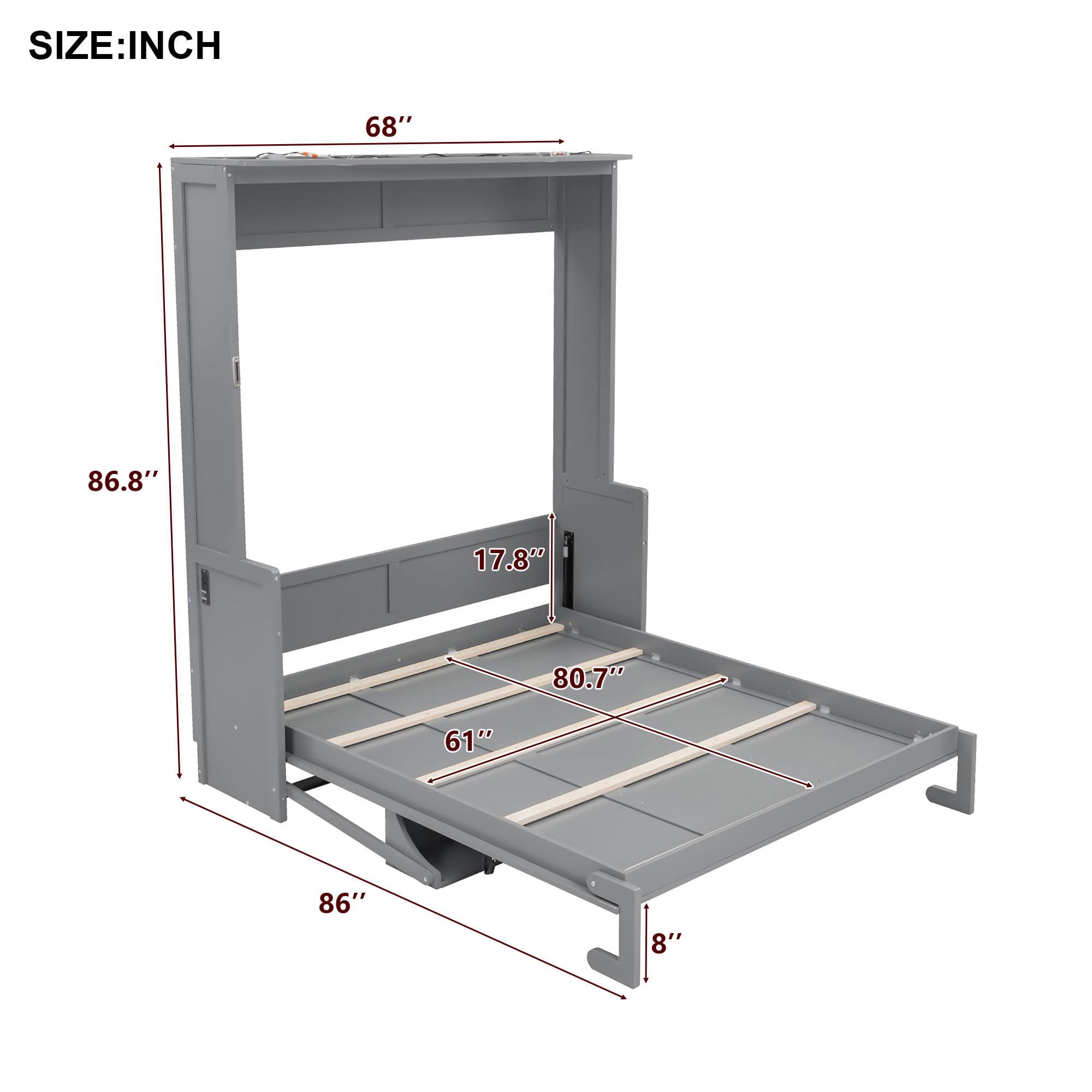 Ball & Cast Queen Size Murphy Bed with Desk,Hideaway Beds w/LED Lights and USB Charging Station,Wood Wall Cabinets Bedframe,Slat Support,Dual Piston Metal Folding Mechanism Designed,Gray
