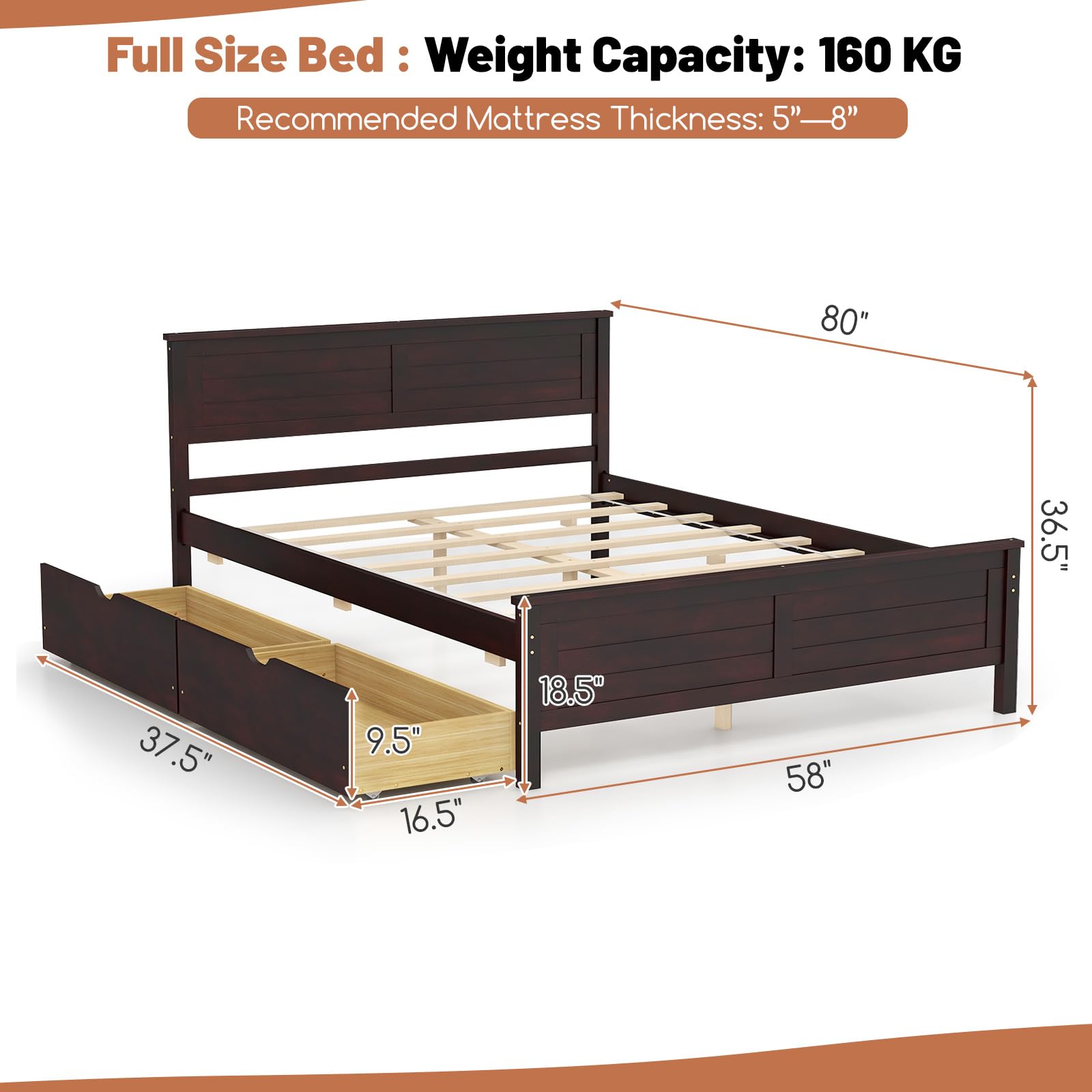 GOFLAME Full Size Bed Frame with 2 Drawers, Platform Bed with Solid Wood Headboard & Footboard, Wood Slats Support Mattress Foundation, Under Bed Storage, No Box Spring Needed, Easy Assembly, Espresso