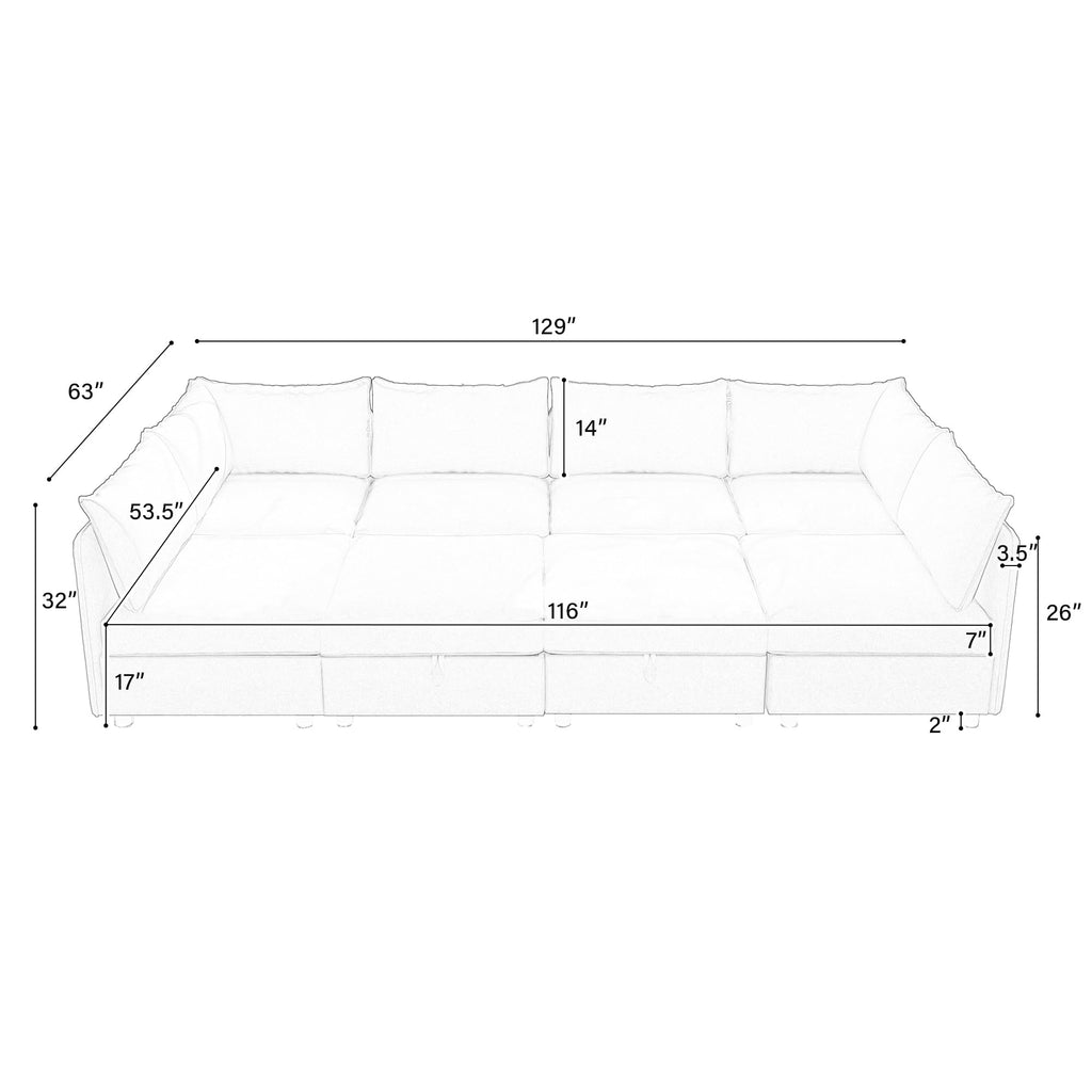 129-Inch Oversized 8 Seat Modular Cloud Sofa Deep Seat Storage Sectional Sofa Couch Free Combination W/Movable Ottomans,L/U Shaped Chenille Upholstered Convertible Sleeper Couch for Home Apartment