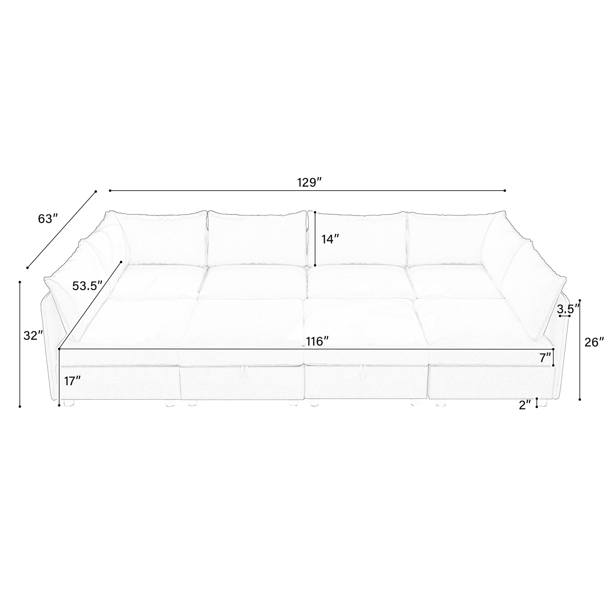 129-Inch Oversized 8 Seat Modular Cloud Sofa Deep Seat Storage Sectional Sofa Couch Free Combination W/Movable Ottomans,L/U Shaped Chenille Upholstered Convertible Sleeper Couch for Home Apartment