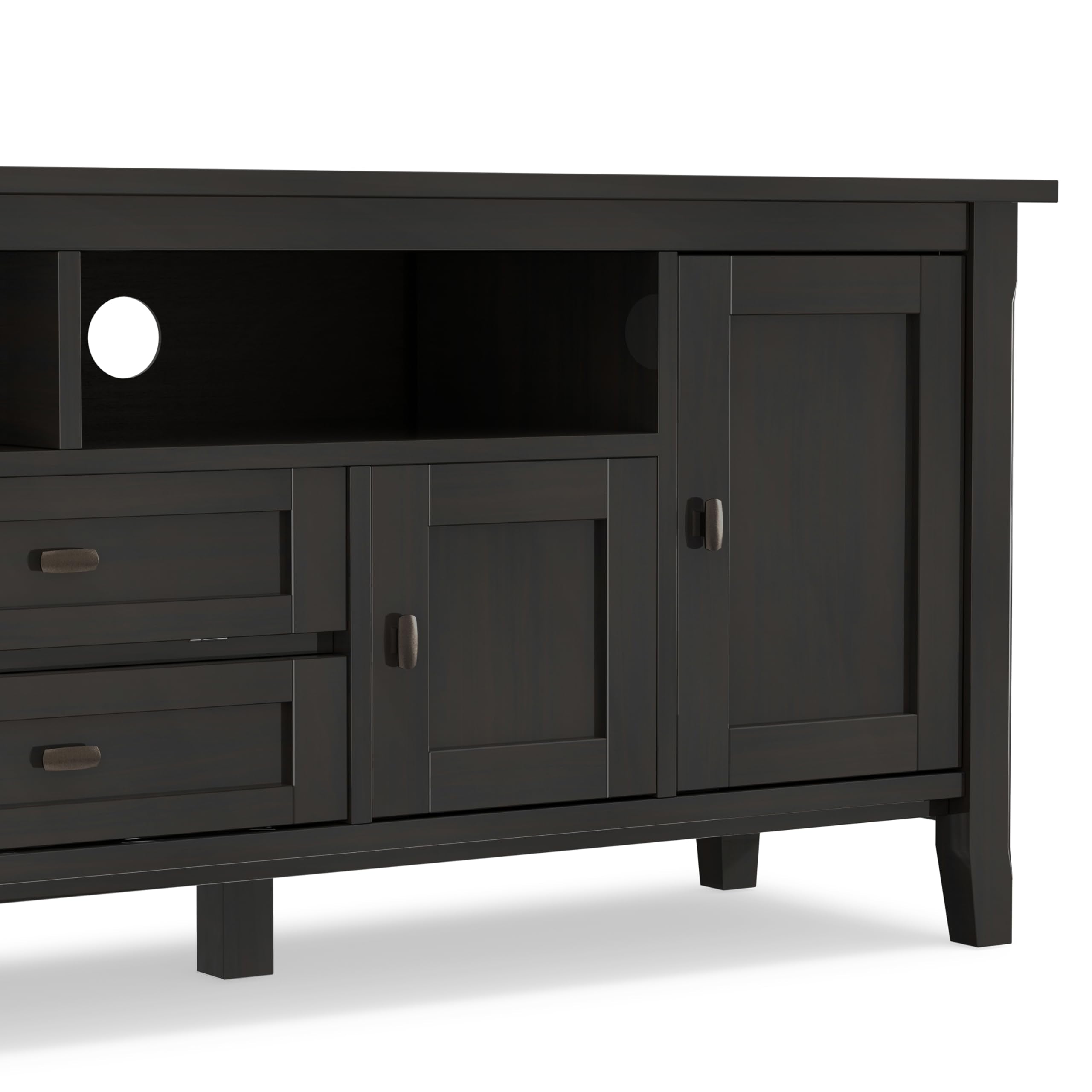 SIMPLIHOME Warm Shaker TV Stand - 72 inch Wide Solid Wood Media Console in Hickory Brown, Transitional Entertainment Center for Living Room for TVs up to 80 Inches with Cabinets and Cable Management