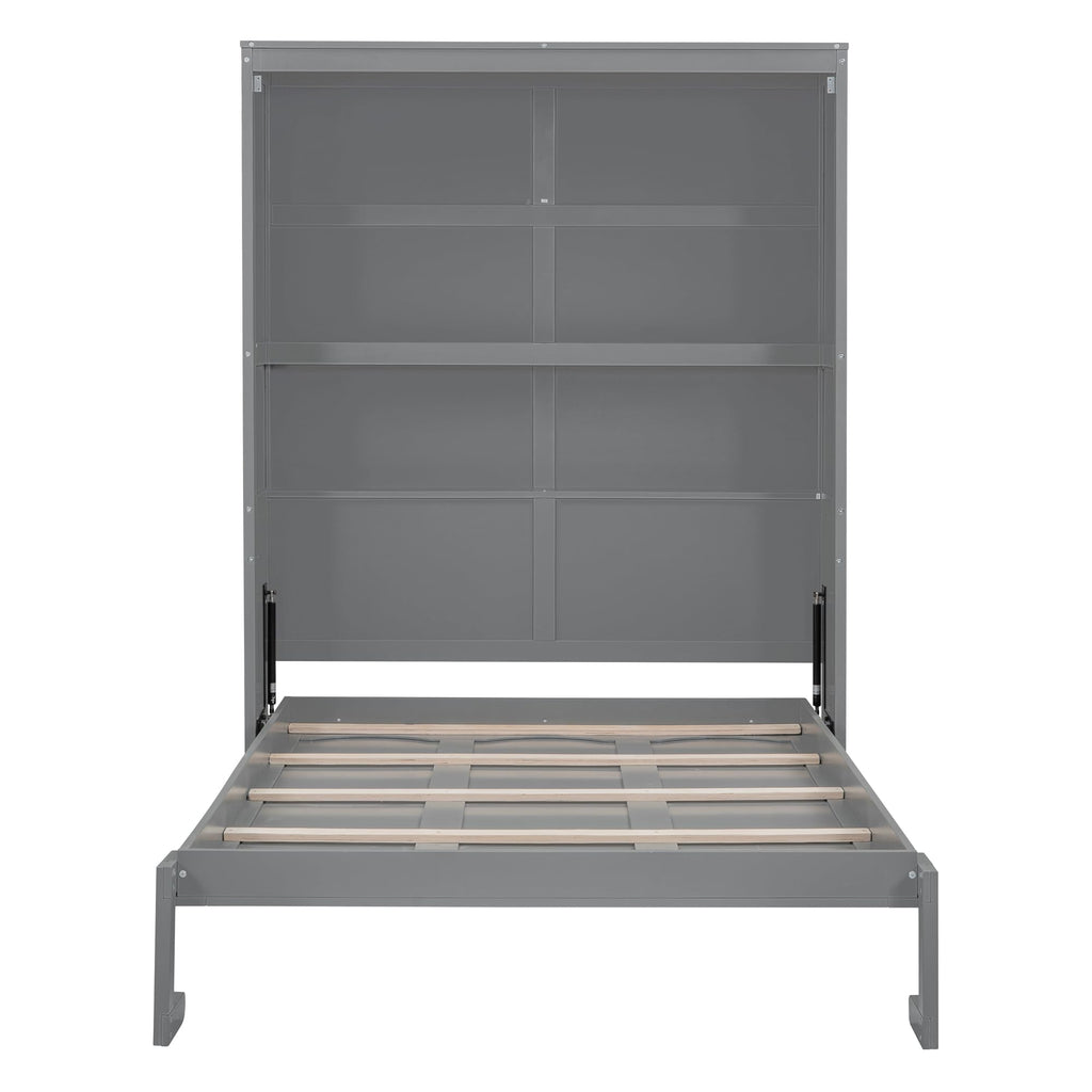 Ball & Cast Full Size Murphy Bed Wall Bed with Shelves and Mattress Holder,Wood Hideaway Cabinet Chest w/Slat Support,can be Folded,for Small Room,Dorms,Gray