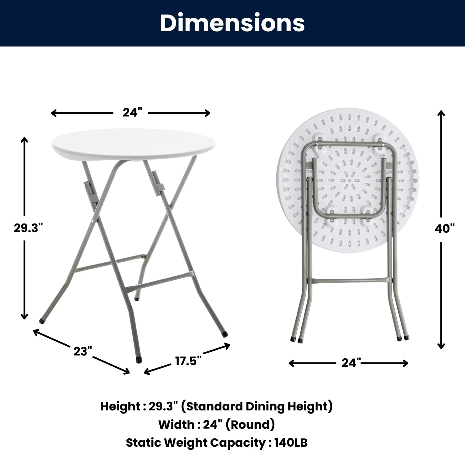 BTEXPERT Set of 10, White 24" Round Plastic Folding Table Commercial Portable for Picnic Party Camping Banquet Card Dining Wedding Event Home Kitchen Indoor Outdoor, 30" Height