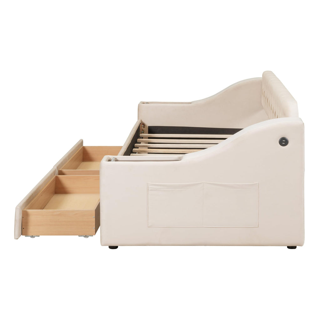GDFStudio Twin Size Upholstered Daybed with USB Ports and Storage Drawers, Velvet Daybed Frame with Button Tufted Armrests and Wood Slat Support, Beige