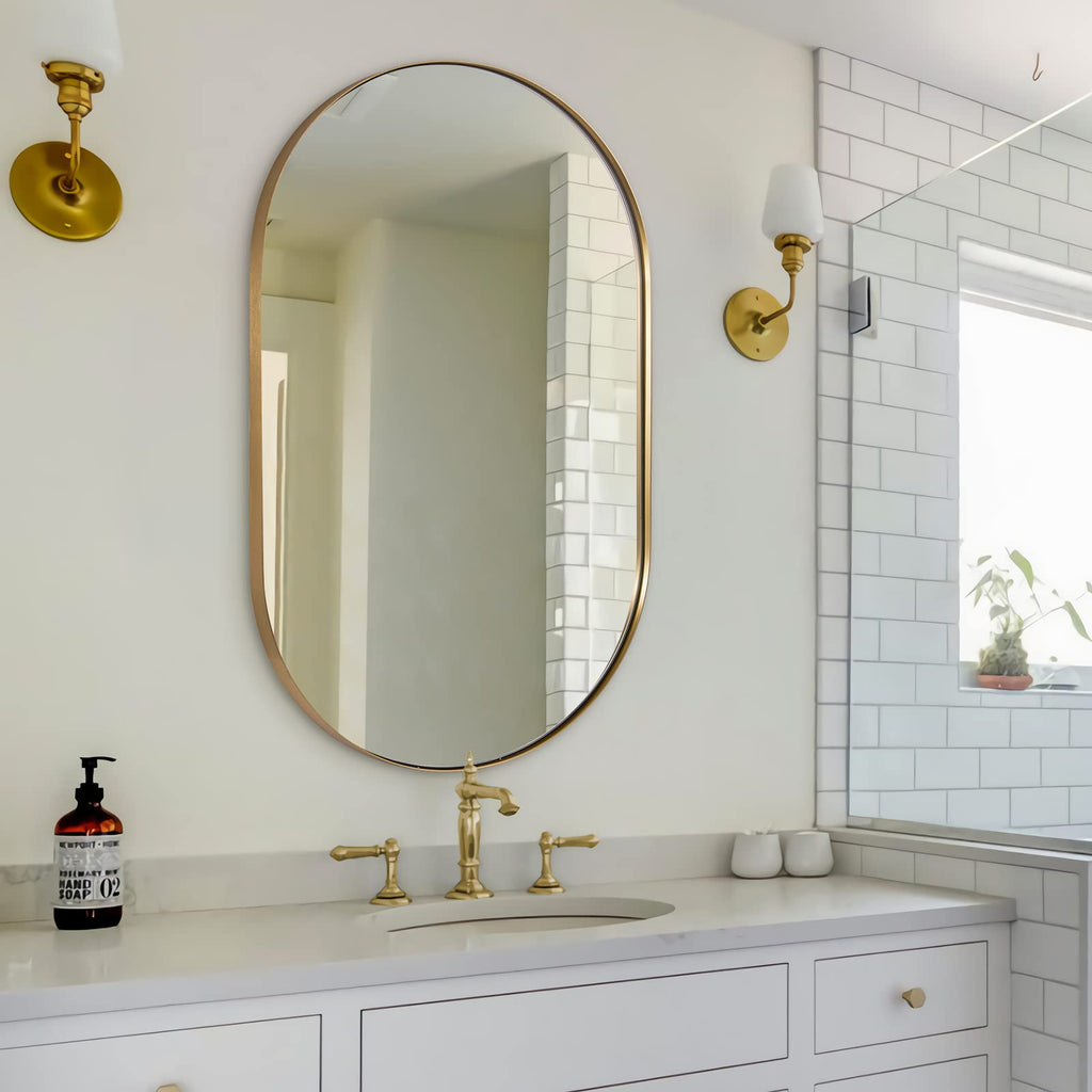 ANDY STAR 26x38 Inch Gold Oval Mirror, Oval Brass Mirror Pill Shaped Stainless Steel 1’’ Deep Metal Frame Wall Mounted Vertically & Horizontally Ideal for Limited Space