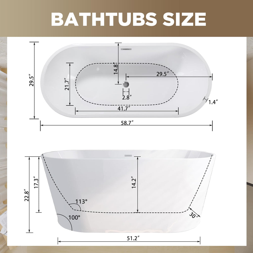 Zavdte 59'' Freestanding Acrylic Bathtub, Gloss White Stand Alone Soaking Tub with Toe-tap Chrome Drain, Double-Wall Insulation, CUPC Certified, Easy Install & Spacious Design