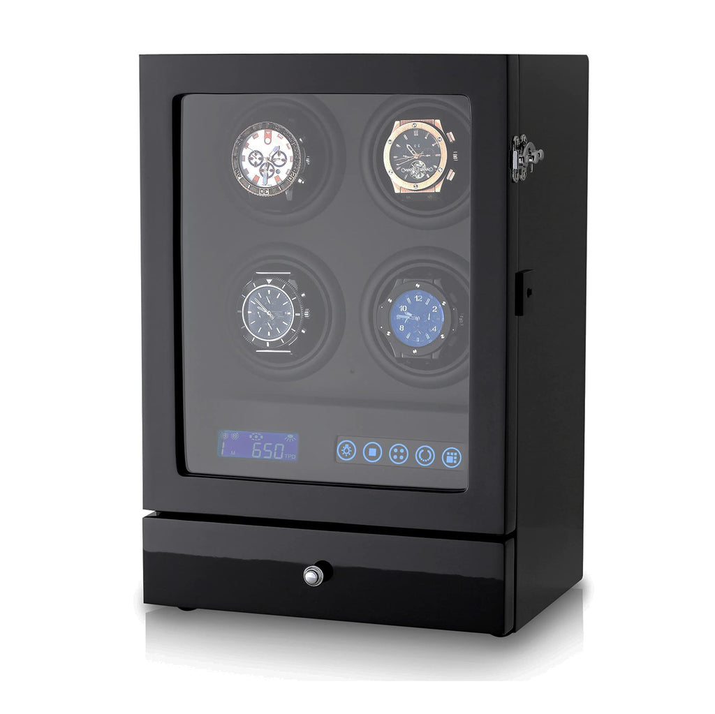 Automatic Watch Winder with LED Light, Storage Drawer and LCD Touchscreen Control (Black + Black)