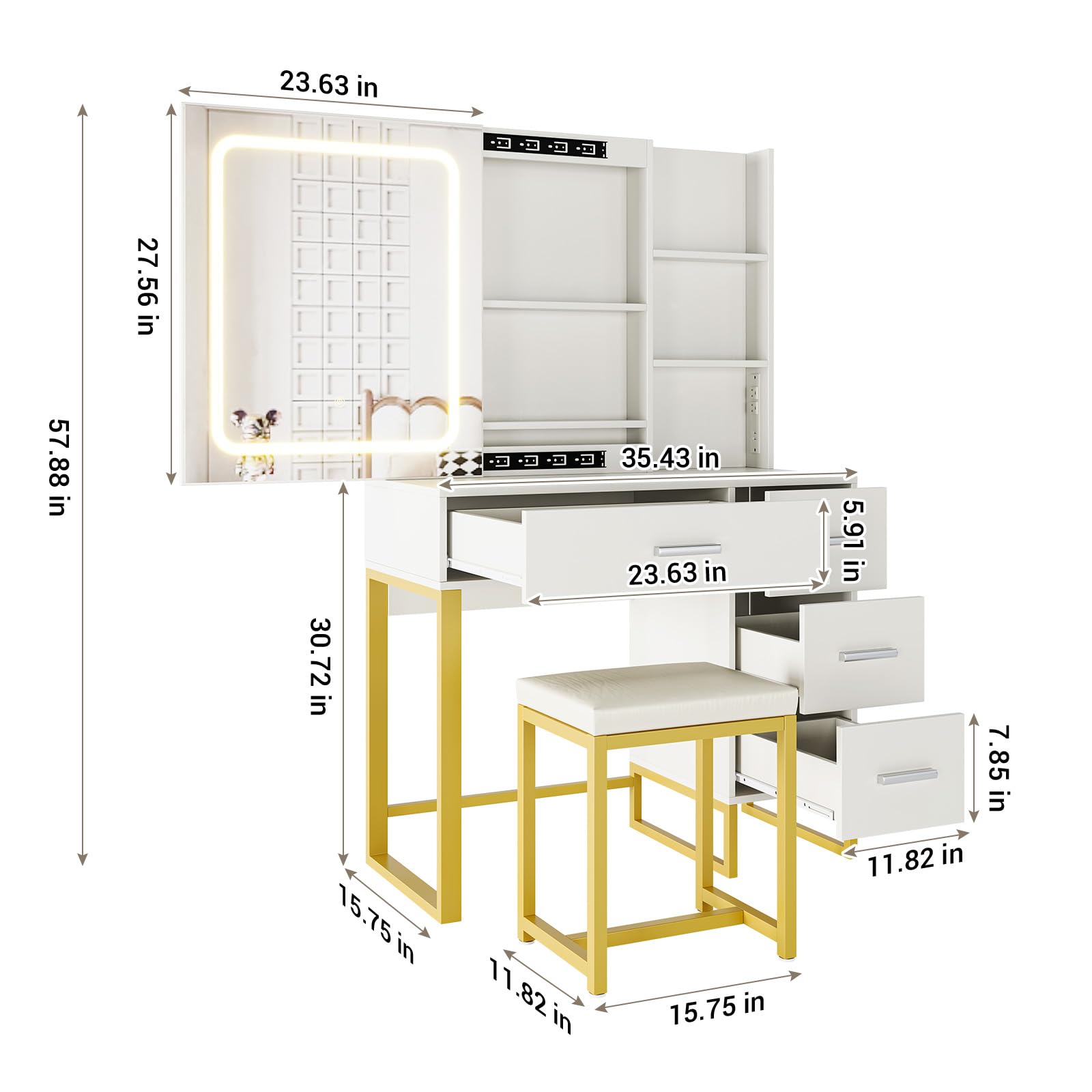 57'' Large Vanity Desk with Mirror & Lights, Makeup Vanity Table with Charging Station,