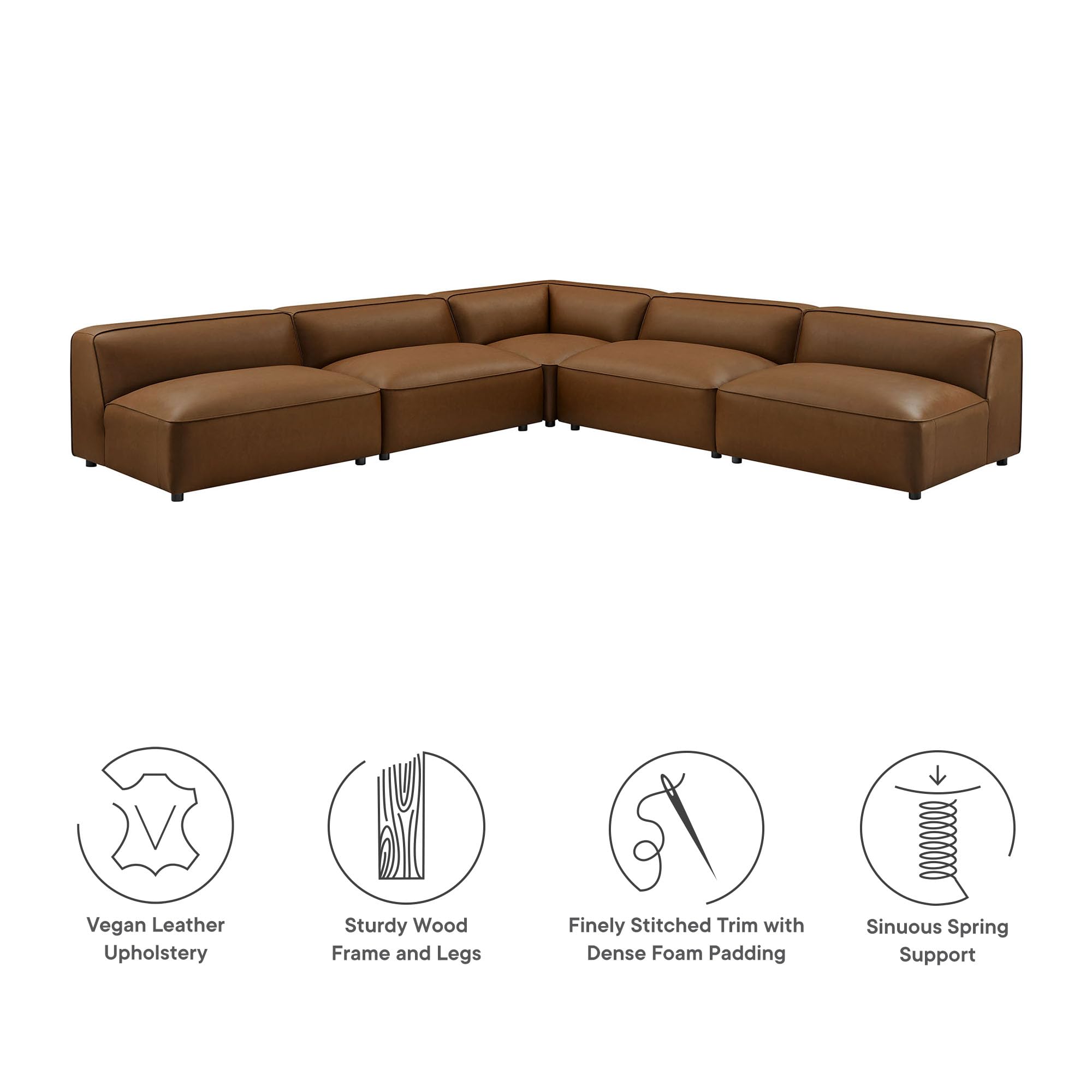 Modway Auren Vegan Leather 5 Piece Armless Modular Sofa in Coffee - Faux Leather L Shaped Sectional - Comfy Modern PU Leather Sofa - Oversized Mid Century Modern Couch for Living Room