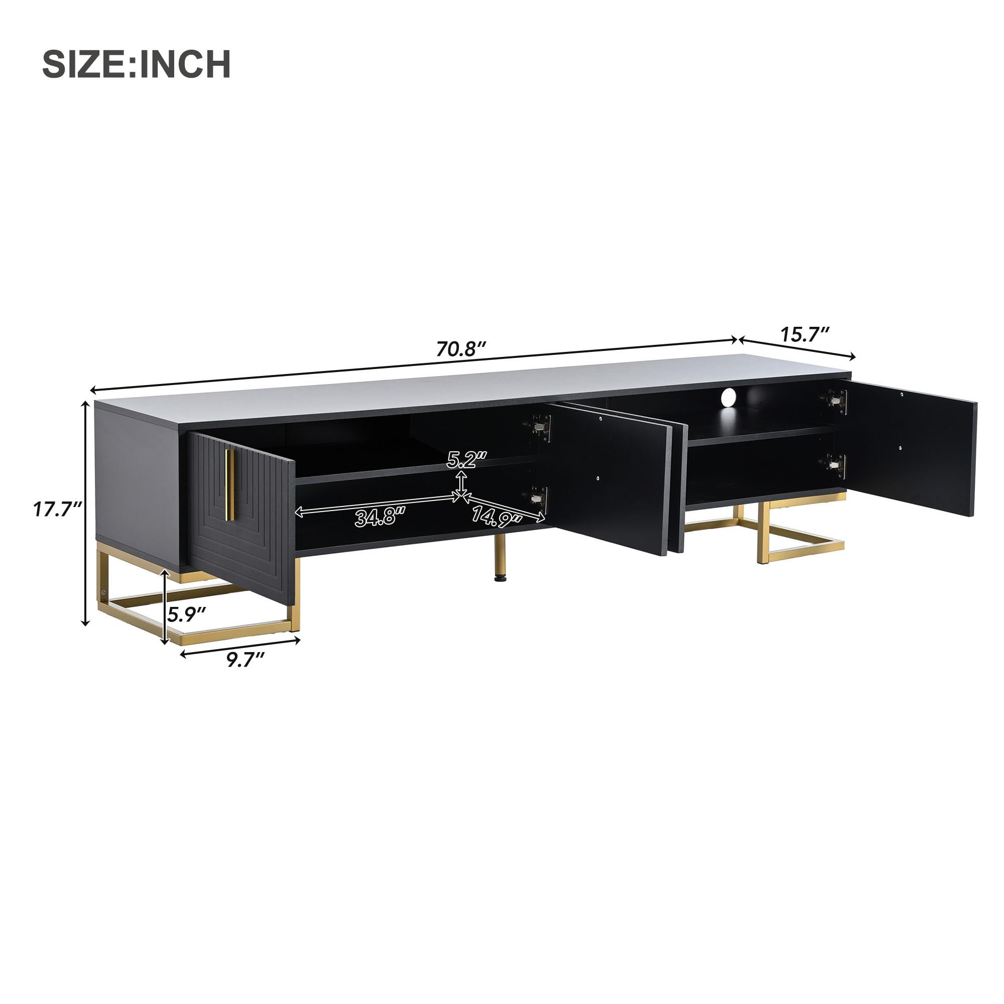 Merax Modern TV Stand with Metal Legs, Gold Handles, Geometric Lines and Adjustable Shelves for TVs Up to 80'', Media Console Table, Luxury Storage Cabinets for Living Room, Black