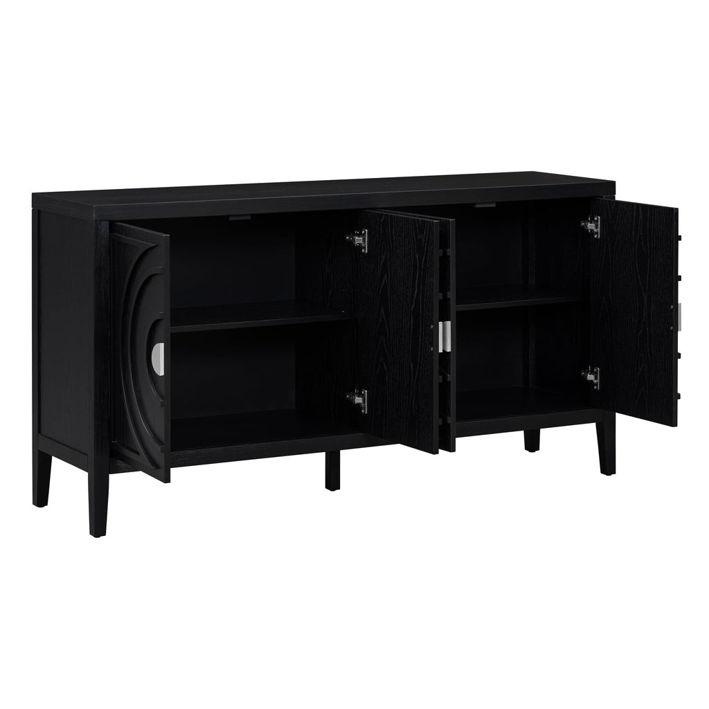 Jintop Retro Sideboard with Circular Groove Design Round Metal Door Handle,Wooden Buffet Cabinet,W/Adjustable Shelves & Open Countertop,for Entrance Living Dinning Room,Black