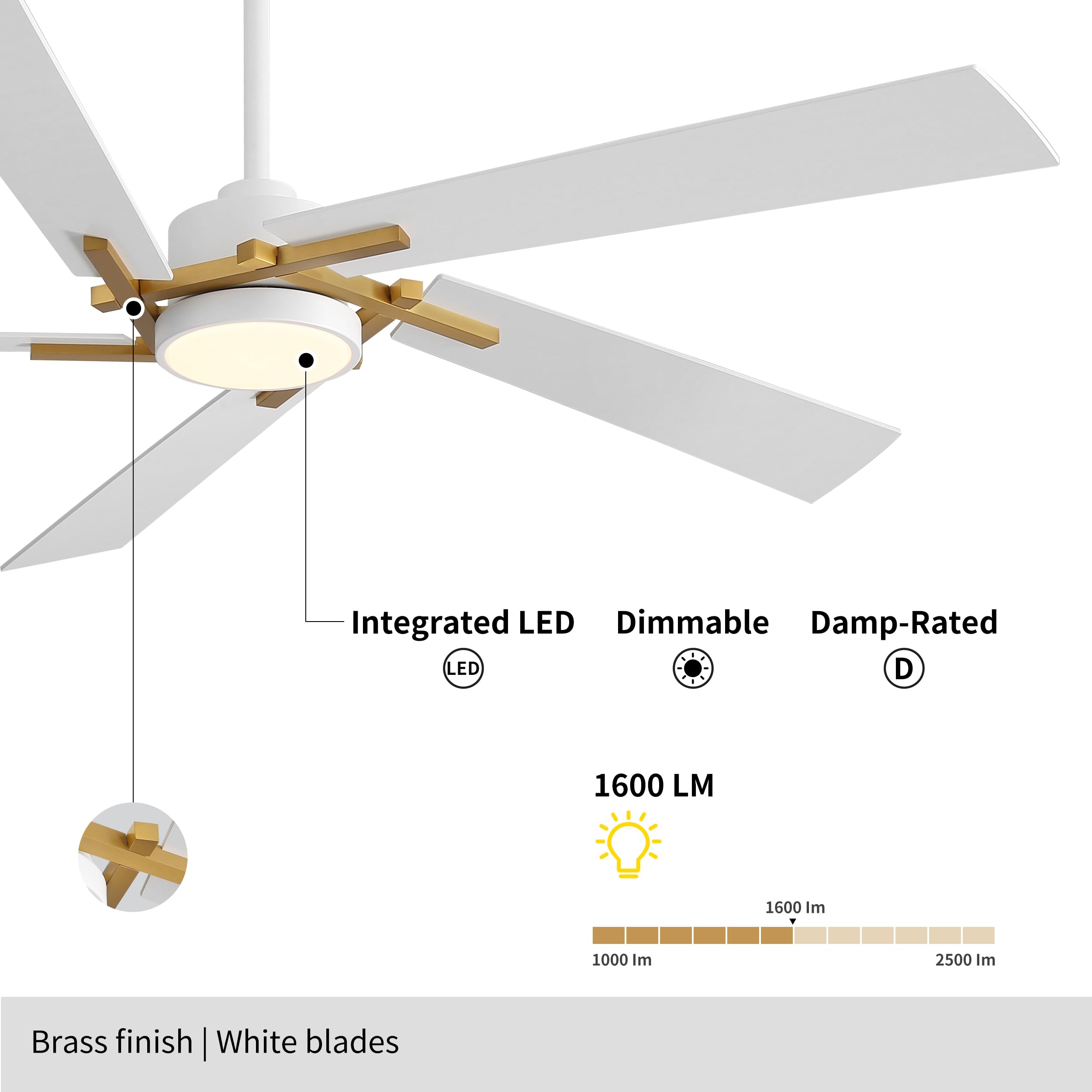 WINGBO 64 Inch Ceiling Fan with Light and Remote, 5 Plywood Blades, 6-Speed Reversible DC Motor, Dimmable, 3CCT, Modern Ceiling Fan for Bedroom Living Room Kitchen, Gold and White