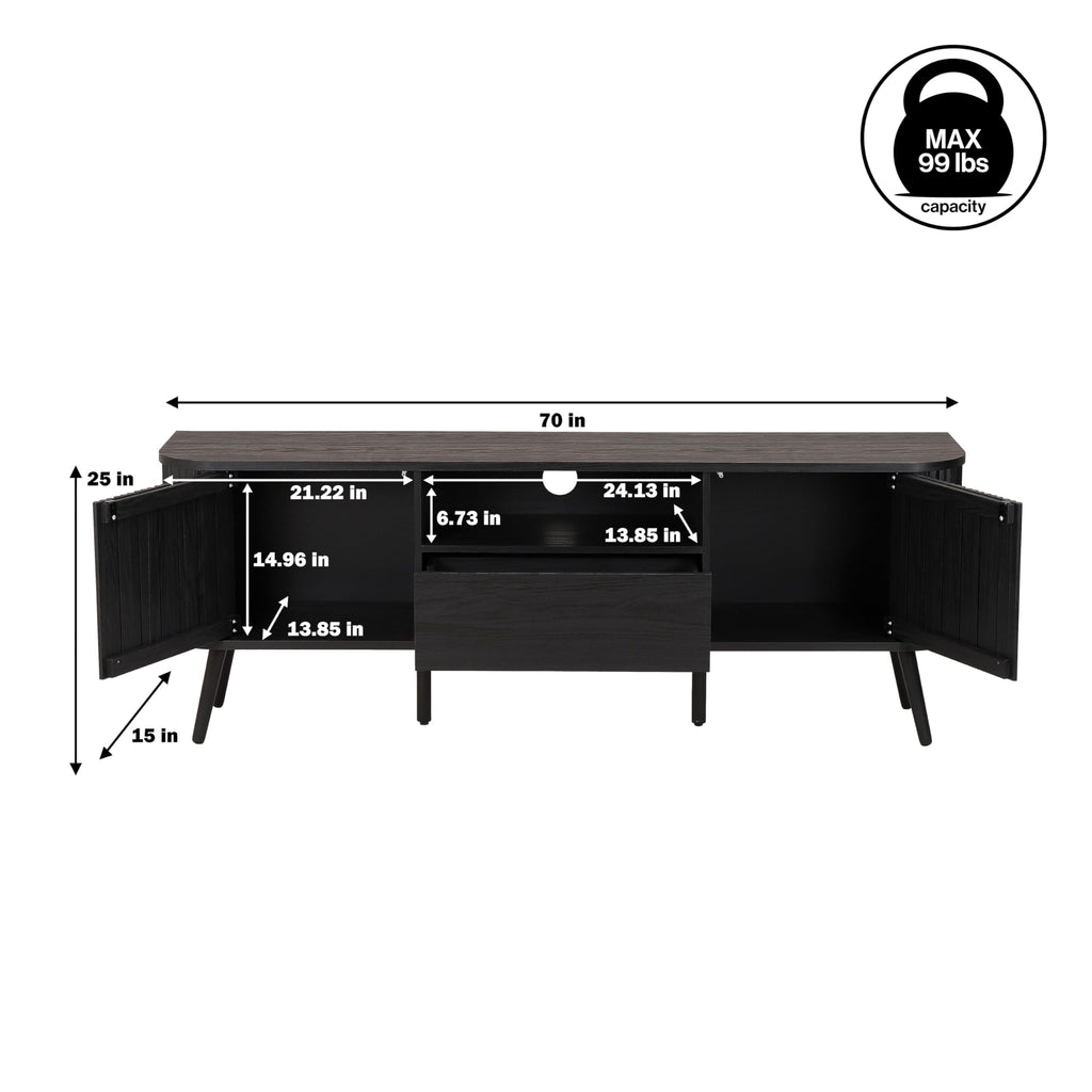 JONATHAN Y Damien 70" Mid-Century Fluted Wood TV Stand for TVs up to 75 Inch, Entertainment Center with Soft-Close Doors and Drawer, Media Console for Living Room, Black TVS1001C