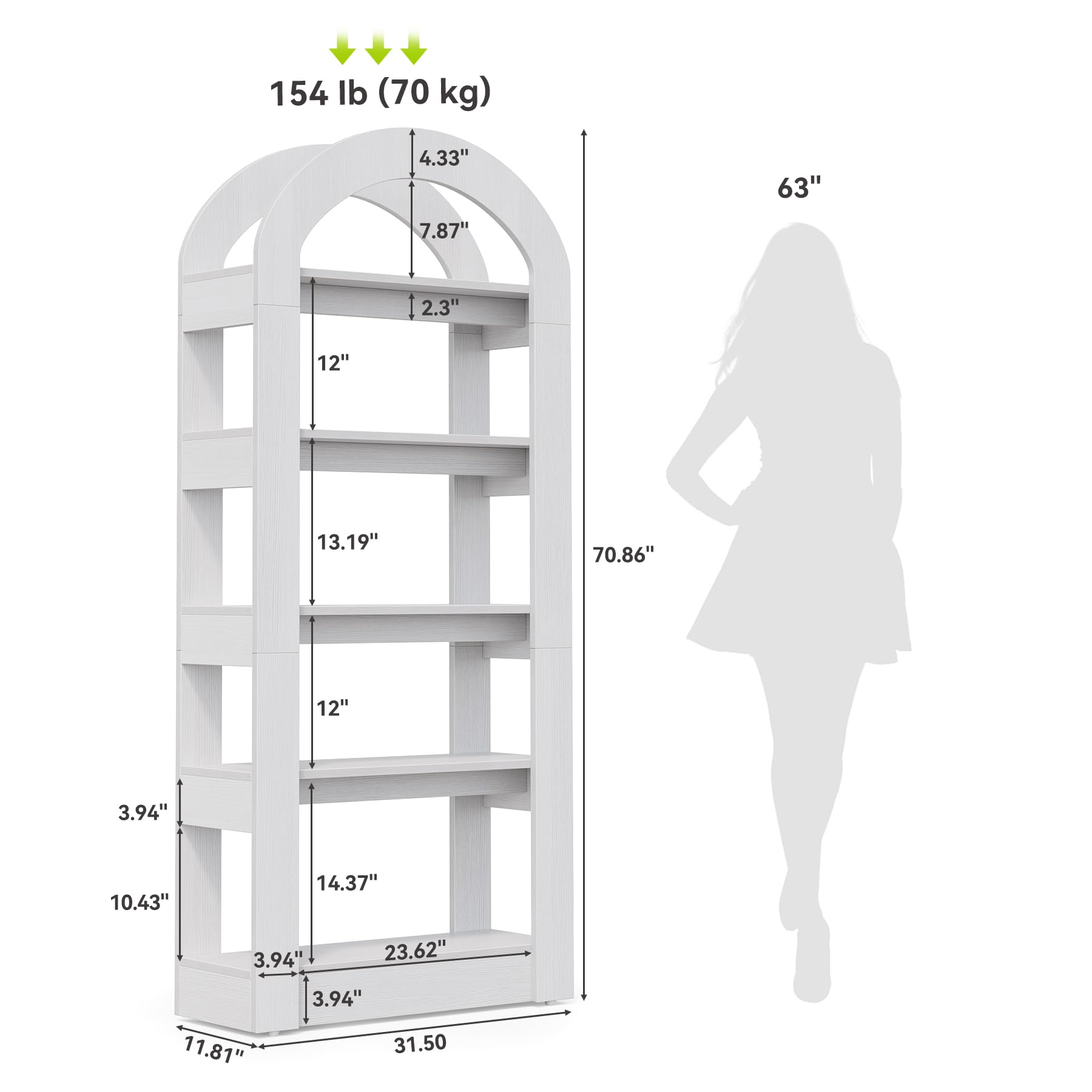 LITTLE TREE 5-Tier Bookshelf, Arch-Shaped Racks, Tall Standing Wooden Bookcase Display Shelf Modern Storage Solution (2, White)