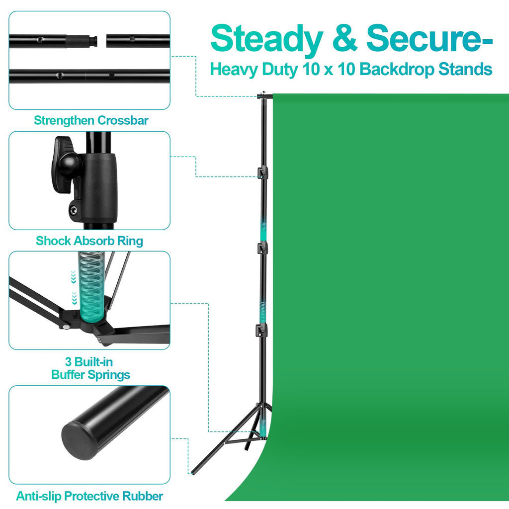 EMART 10 x 10 ft Heavy Duty Backdrop Support System, Professional Photography Lighting Kit with 5500K 50W LED, 10 * 15ft Backdrop *3, Reflector, Umbrellas&Softbox Lighting Kit for Studio, Portrait