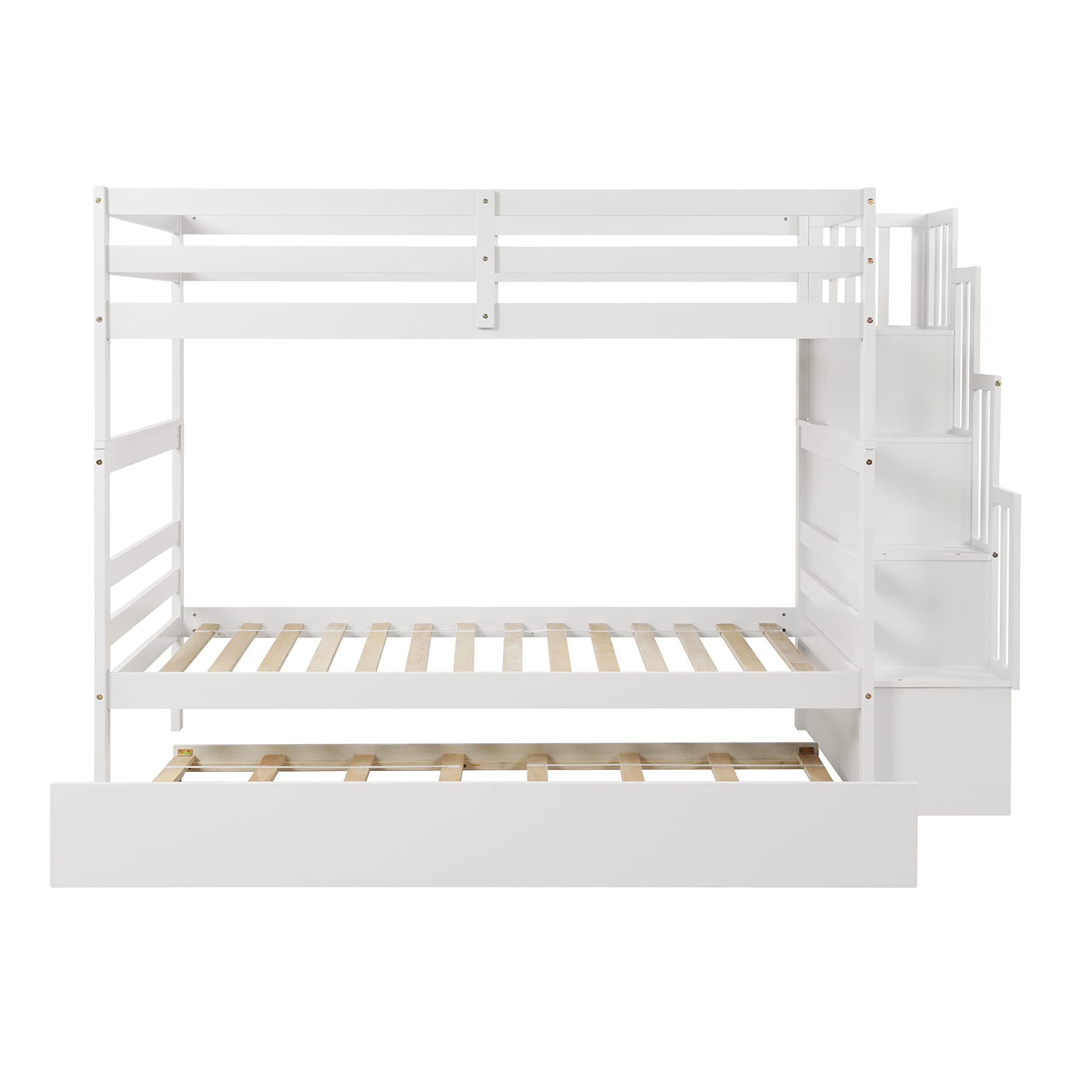 Twin Over Twin Bunk Bed with Trundle,Solid Wood Bunk Beds with Storage Stairs,Bunk Bed Twin Size with Stairs for Kids,Teens,Adults,White