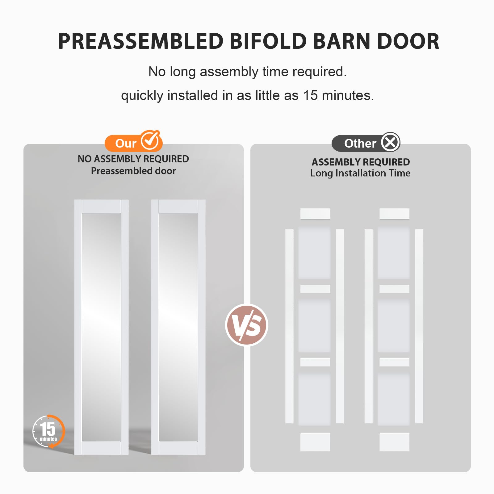 FREDBECK Bifold Barn Door 24x84 (Double 12x84) with 1 Lites Mirror,Bi-fold Closet Doors Hardware Kit Included,28" Track for 2 Doors, PVC, White,for Living Room, Bathrooms, Kicthen