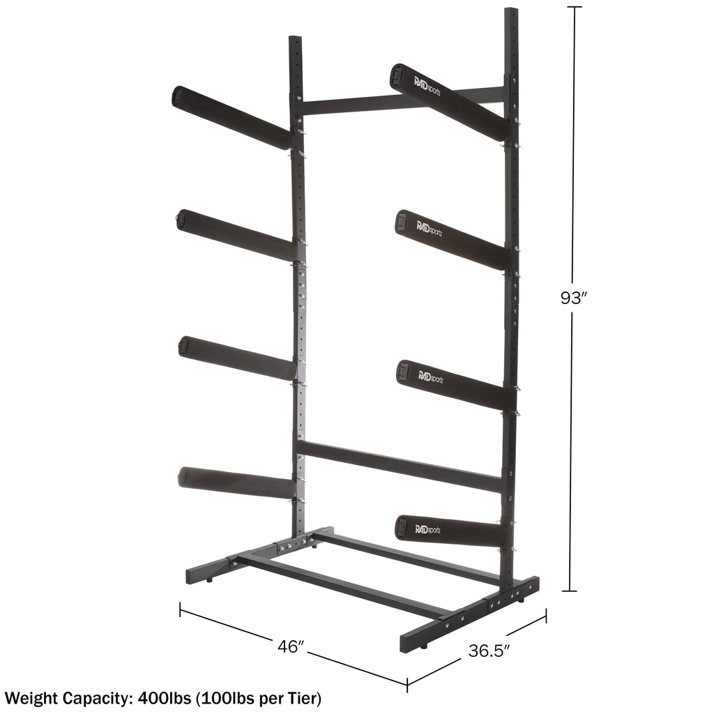 RAD Sportz Kayak Storage Rack - 4-Level Freestanding Adjustable Stand with Padded Arms and 400lb Capacity for Canoes, SUP, or Paddleboards (Black)