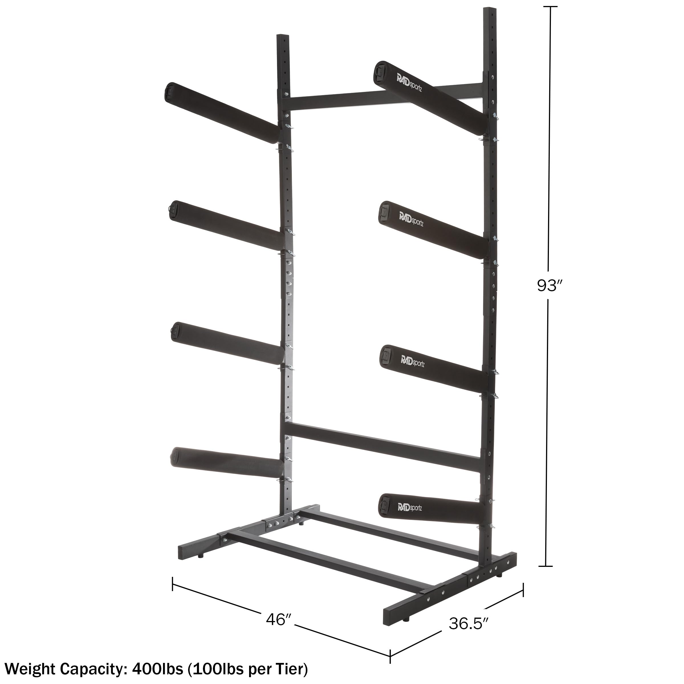 RAD Sportz Kayak Storage Rack - 4-Level Freestanding Adjustable Stand with Padded Arms and 400lb Capacity for Canoes, SUP, or Paddleboards (Black)