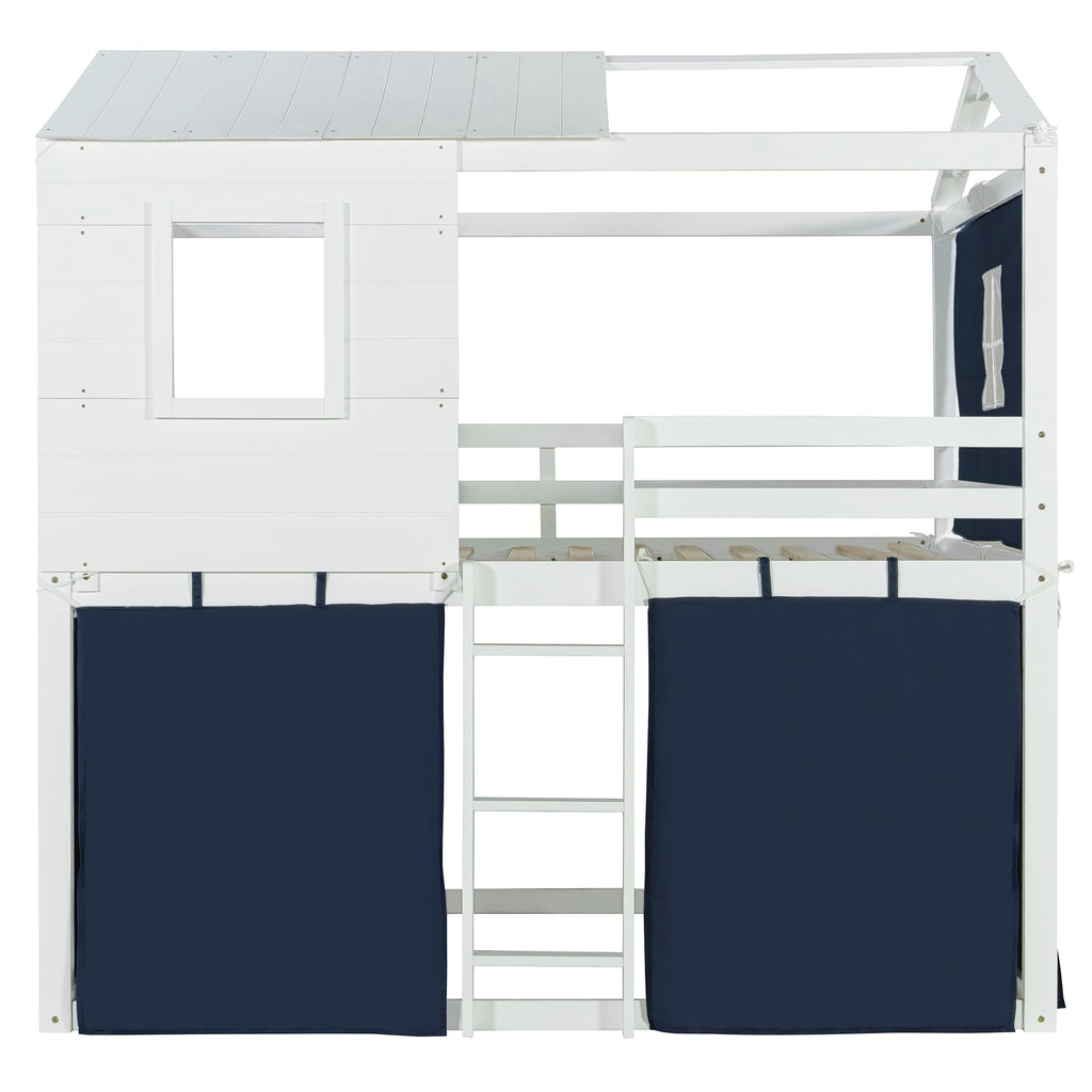 Full Over Full Bunk Bed with Tent, Wood Full Size House Bed Frame, Blue+White