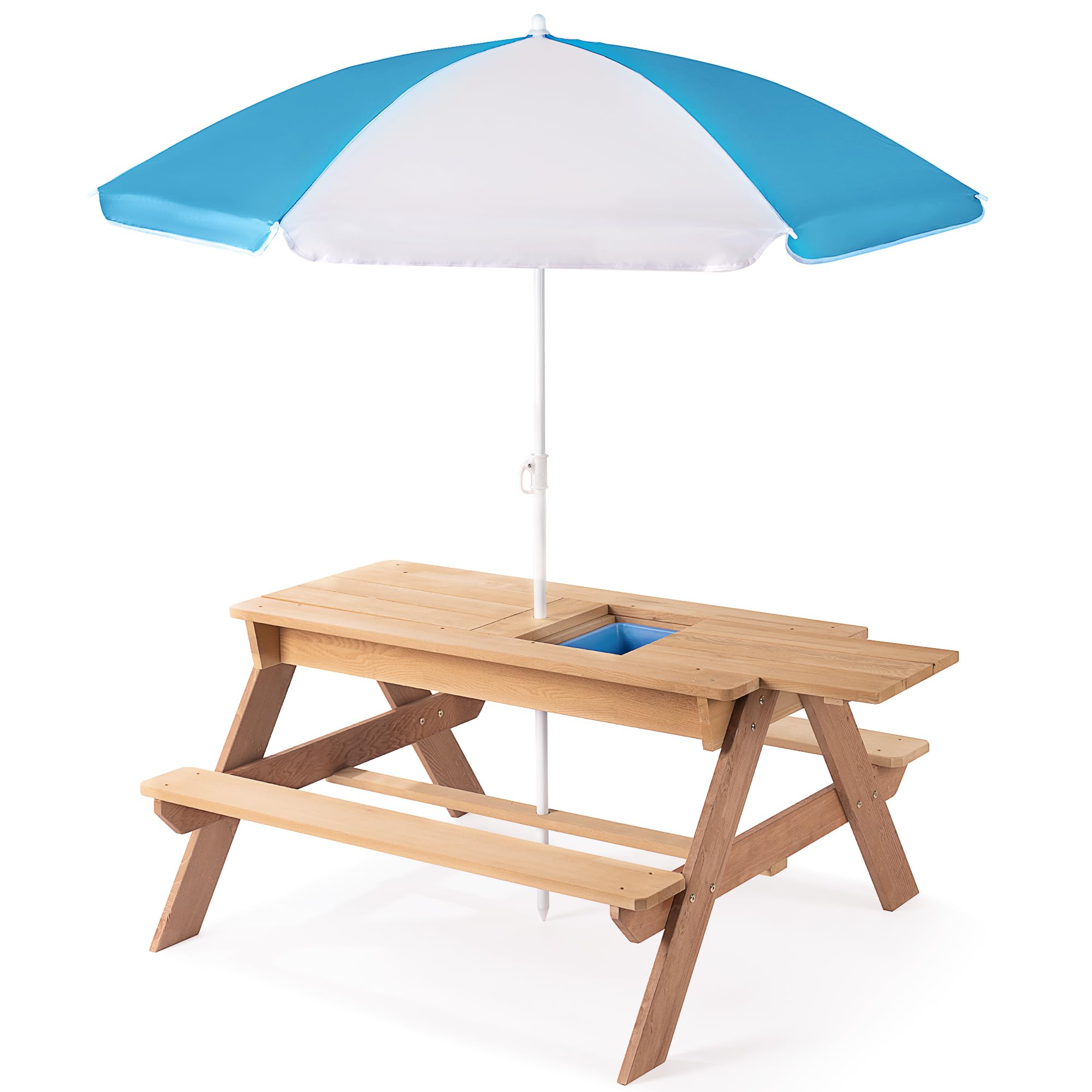 3 in 1 Outdoor Wooden Picnic Table with Umbrella, Convertible Sand Wate, Gray CPSIA Certification