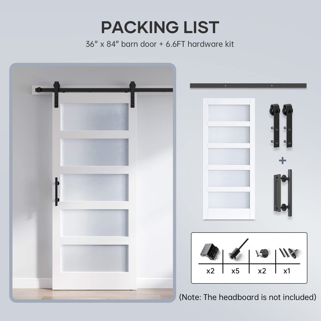 ROYMELO 36x84 Inch Glass Sliding Barn Door Slab and 6.6ft Hardware Kit Included, 5 Frosted Glass, LVL Wood Panel Covered with White Water-Proof Scratch-Proof PVC Surface, Simple DIY Assembly
