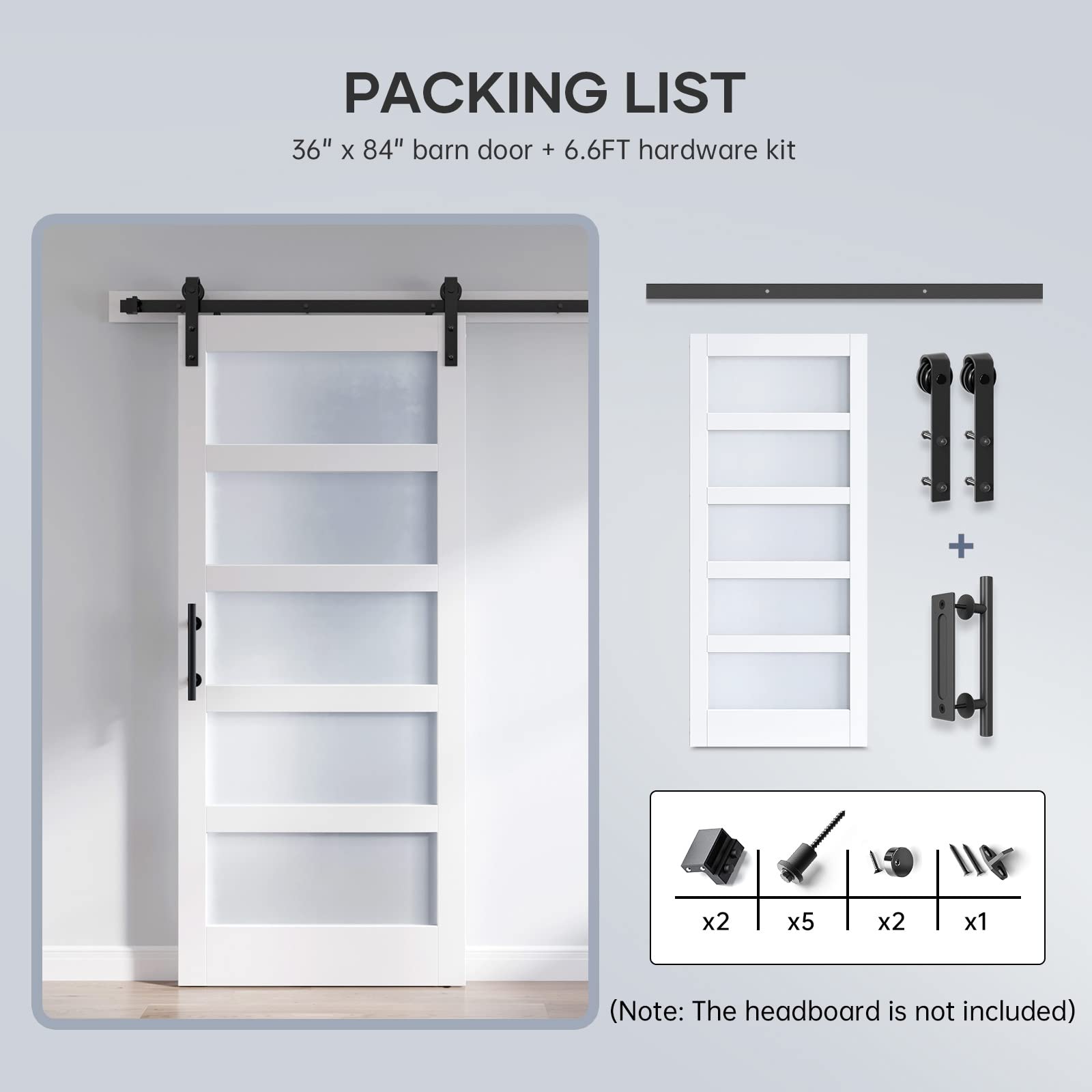 ROYMELO 36x84 Inch Glass Sliding Barn Door Slab and 6.6ft Hardware Kit Included, 5 Frosted Glass, LVL Wood Panel Covered with White Water-Proof Scratch-Proof PVC Surface, Simple DIY Assembly