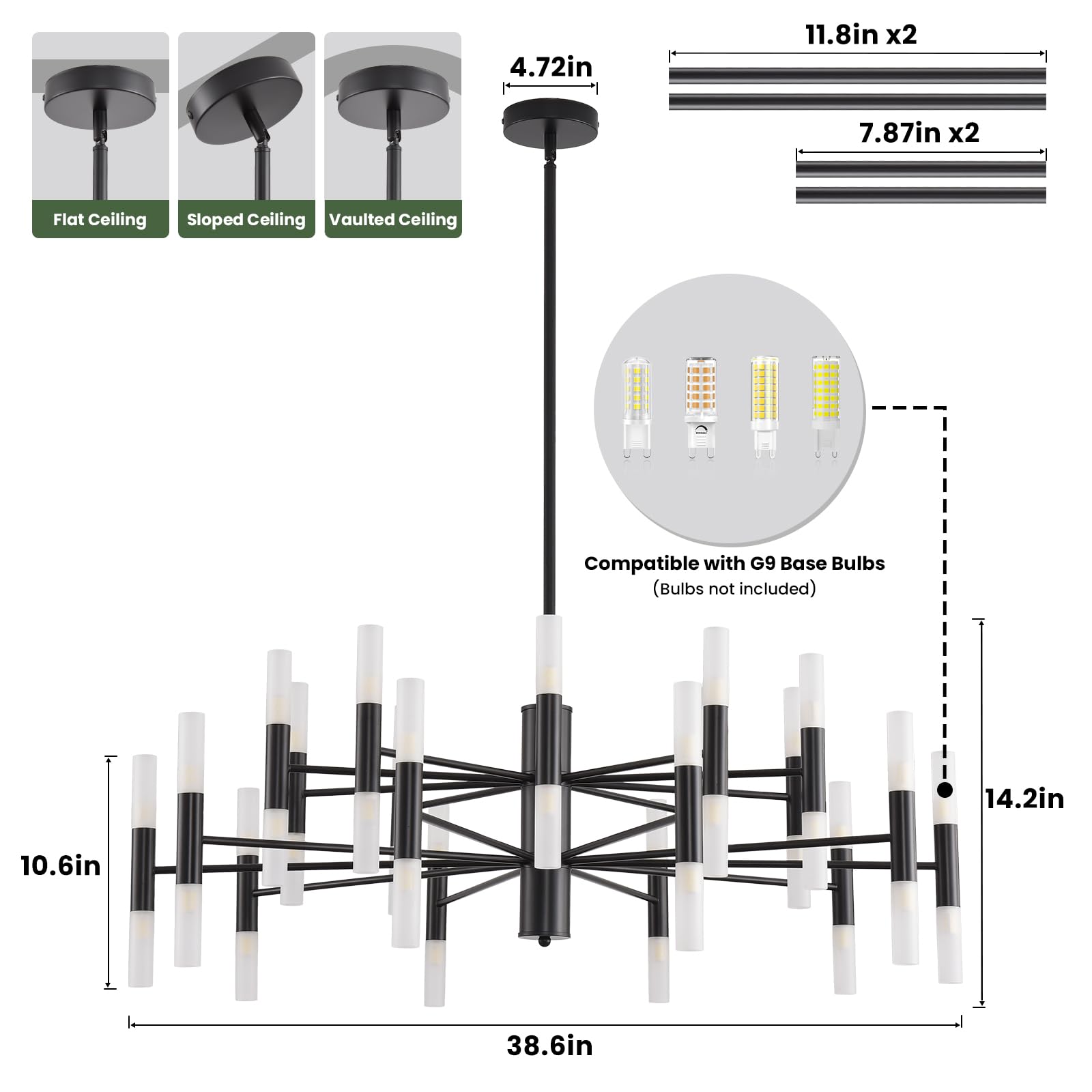 Povectolay Black Modern Chandelier 40-Light, Large Farmhouse Round Candle Chandeliers with Acrylic Shades, 38.6" Dining Room Light Fixture for High Ceilings, Living Room, Foyer, Entryway, G9 Base