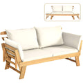 Tangkula Convertible Acacia Wood Patio Couch Sofa Bed with Adjustable Armrest, Outdoor Daybed with Cushion & Pillows, Outside Folding Futon Sofa Couch Bench for Porch, Courtyard, Poolside & Garden