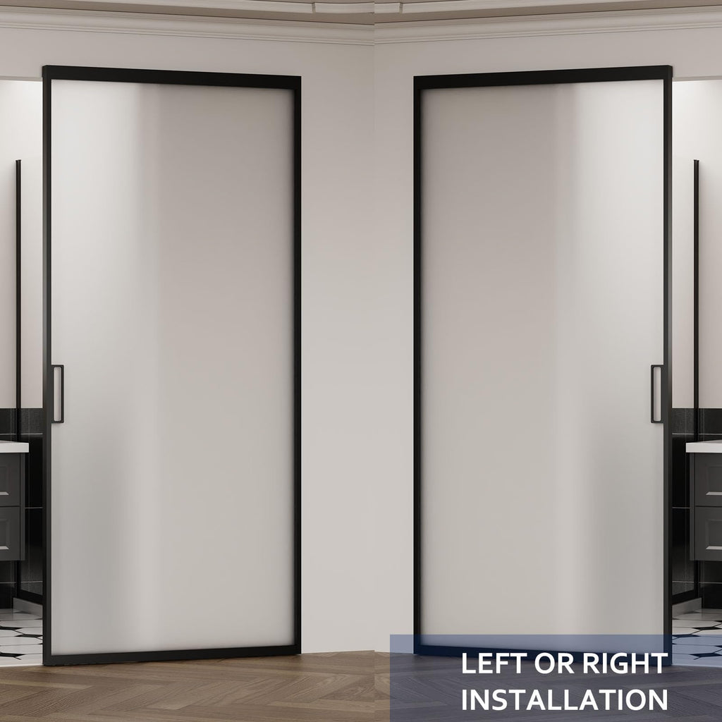 40" x 87" Frosted Glass Barn Door, Concealed Sliding Barn Door with Soft Close, Waterproof Modern Sliding Door for Bathroom/Kitchen Privacy, 5/16"(8mm) Tempered Glass, Fits 28"-36"W x 72"-85"H, Black