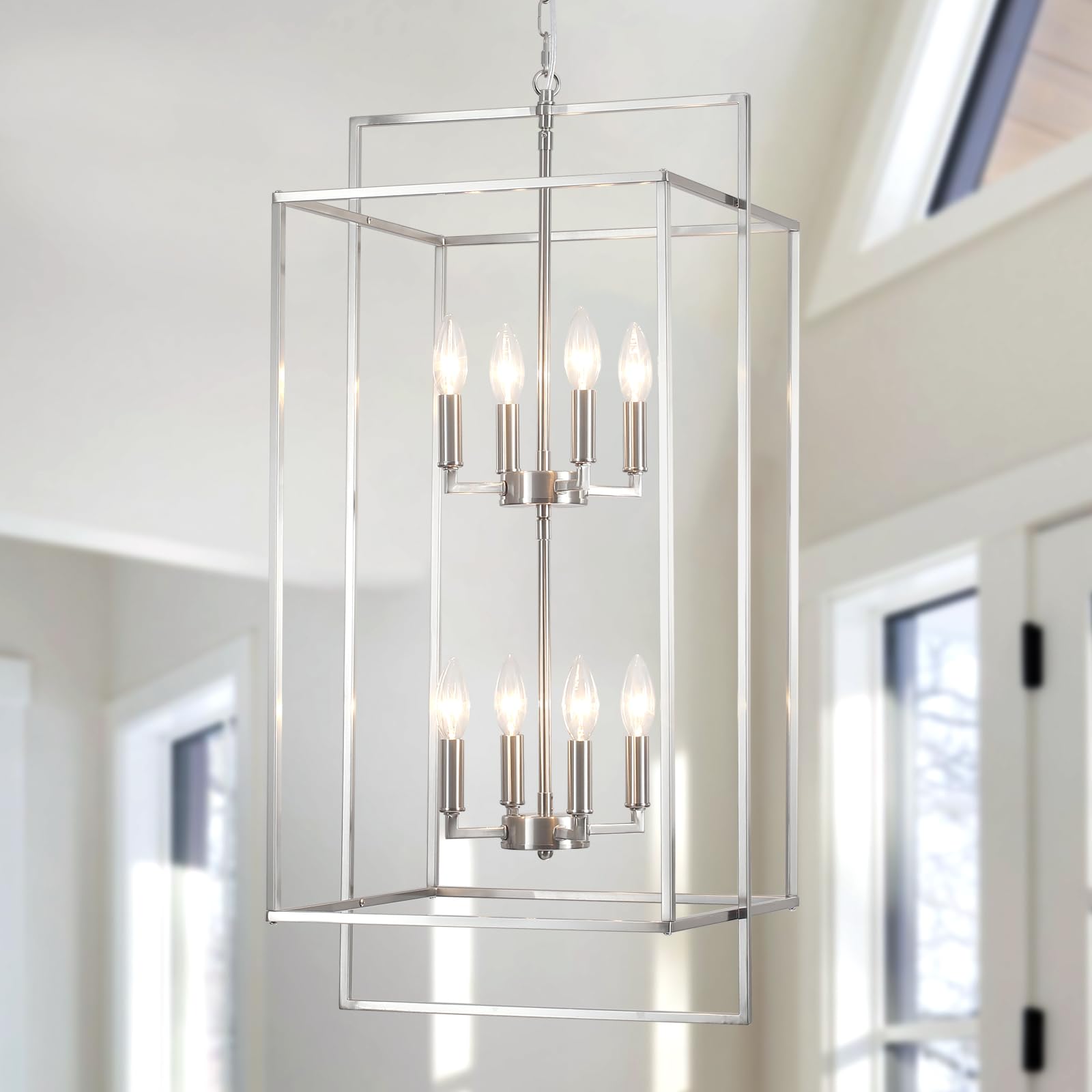 QAREHL High Ceiling Chandeliers for Foyer Brushed Nickel Chandelier for Entryway Modern Farmhouse 15.74’’ in Metal 8 Light Lantern Tiered Pendant Light for Dining Room Kitchen Island Hallway Stairway