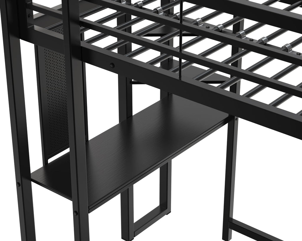 KEIKI Twin Size Loft Bed with Desk, 2 Side Ladders, Storage Shelves, Safety Guardrail, No Box Spring Needed, Space-Saving Metal Loft Bed Frame for Kids/Teens/Adults