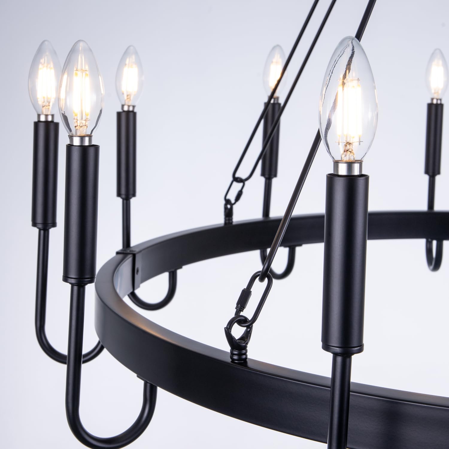 Wellmet Matte Black Wagon Wheel Chandelier, 12-Light Large Black Chandelier for High Ceiling, Industrial Wagon Wheel Pendant Light for Dining Room, Entryway, Hallway, Living Room, 39.37Inch Dia