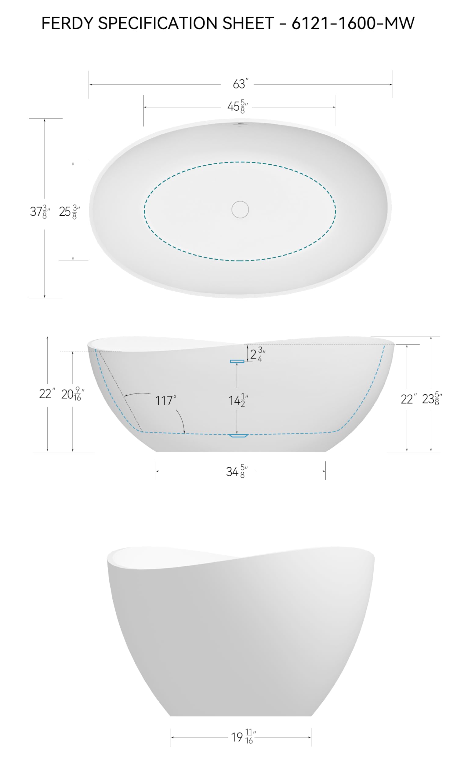 FerdY Lamu 63" Stone Resin Freestanding Bathtub, Gracefully Shaped Freestanding Bathtub, Solid Surface Soaking Tub, Matte White, cUPC Certified, Pop-up Drain and Integrated Slotted Overflow
