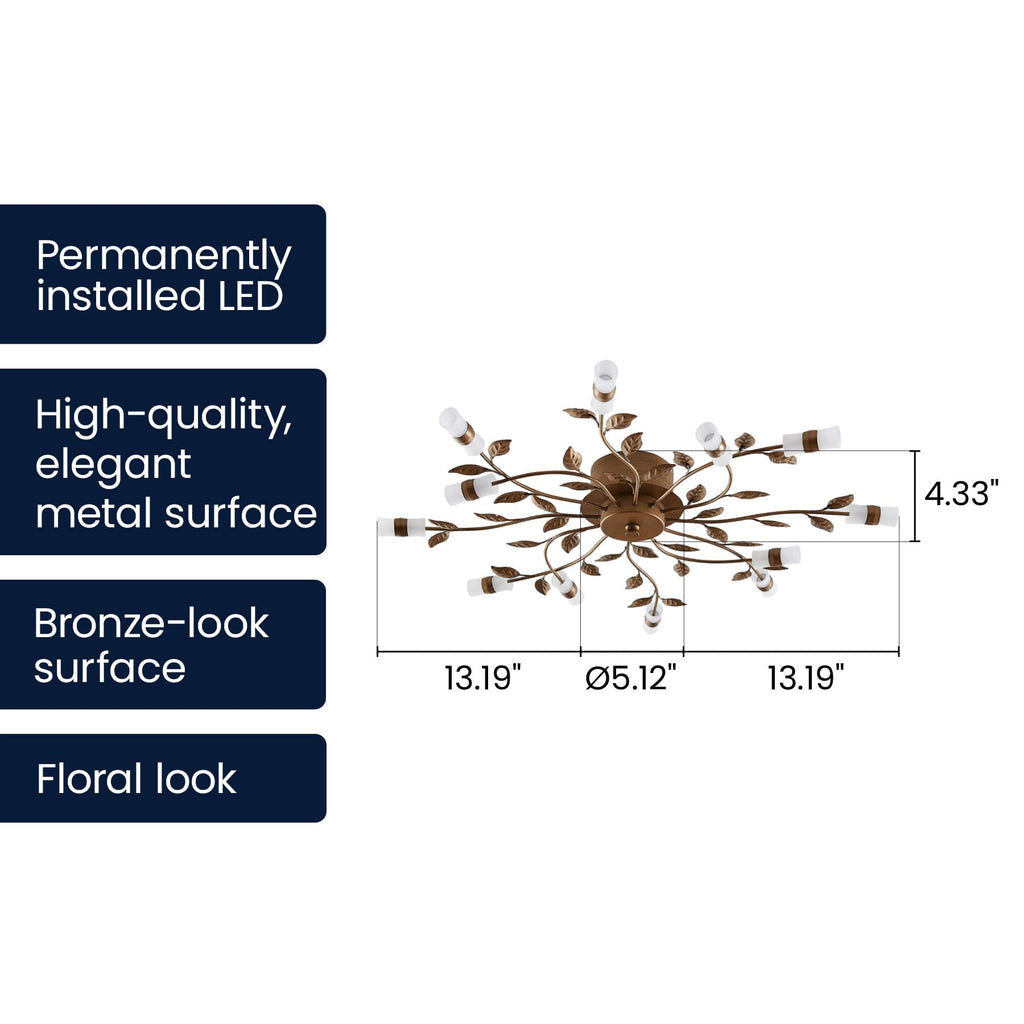 Lucande 31.5" Rustic Floral Ceiling Chandelier, 12-Light LED, Bronze Finish Close to Ceiling Light Fixture for Bedroom Living Room Dining Room Entryway, Warm White 3000K, Shallow Height