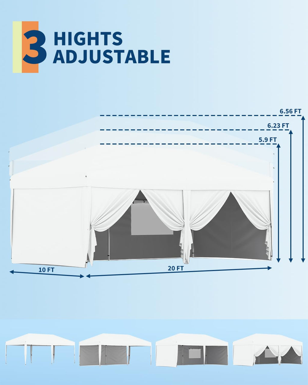 Garvee 10x20 Pop Up Canopy with 6 Sidewalls, Beach Ten with One Push Setup, Reinforced Frame, Outdoor Easy Up Canopy Tent with Portable Roller Bag, Adjustable Height, Sandbags, Silver Coated, White