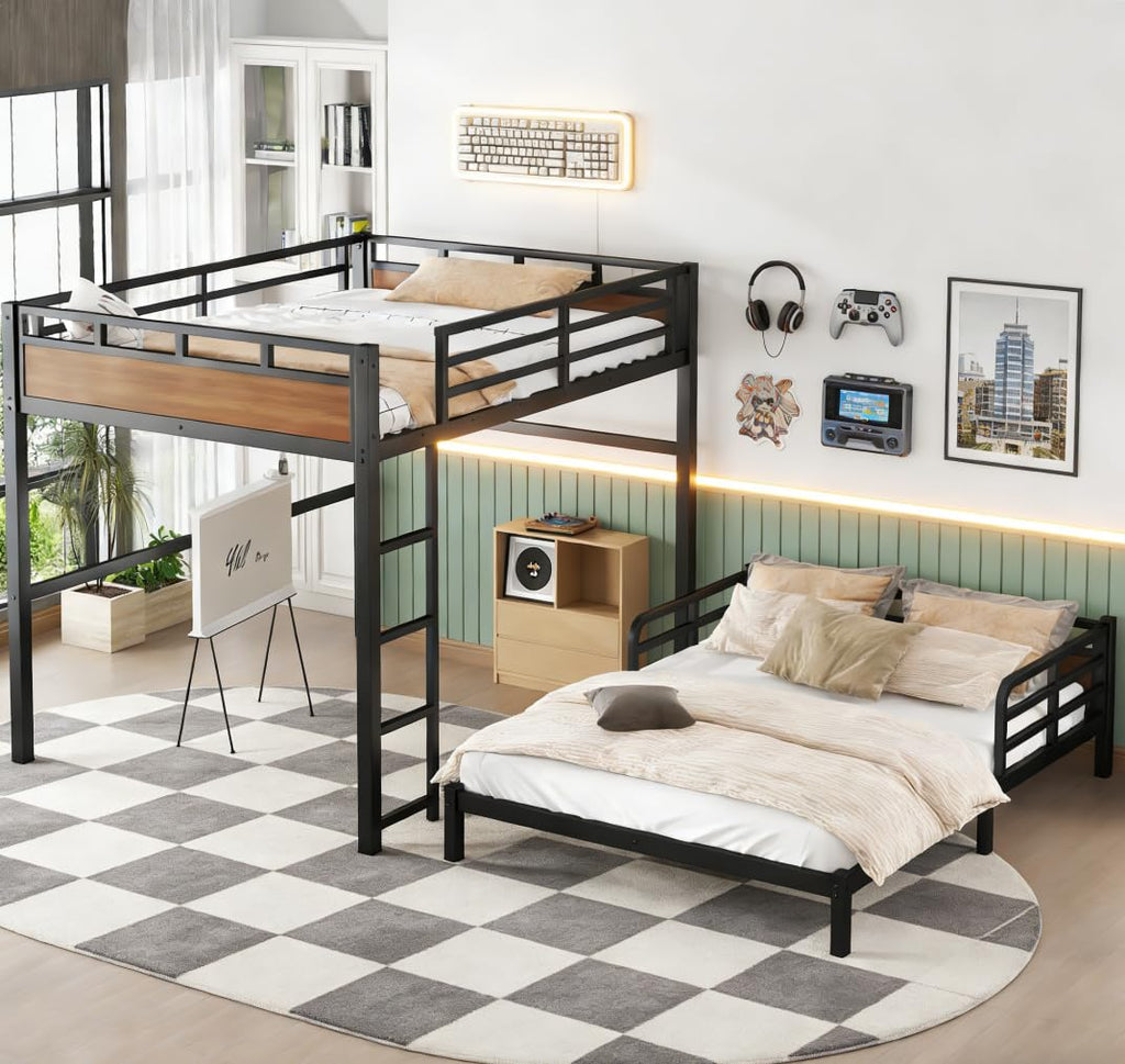 Bellemave Detachable Bunk Bed Queen Over Queen, Metal Bunk Bed with Guardrails, Queen Size Loft beds for Kids, Teens & Adults（Walnut Color）