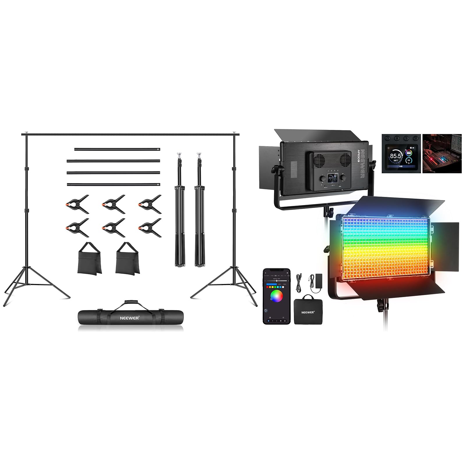 NEEWER Photo Studio Backdrop Support System + AP100C 105W RGB LED Panel Video Light with Barn Doors Dual Cooling Fans, Background Stand with 4 Crossbars, 6 Clamps, 2 Sandbags, Bag, Max Load 8.8lb/4kg