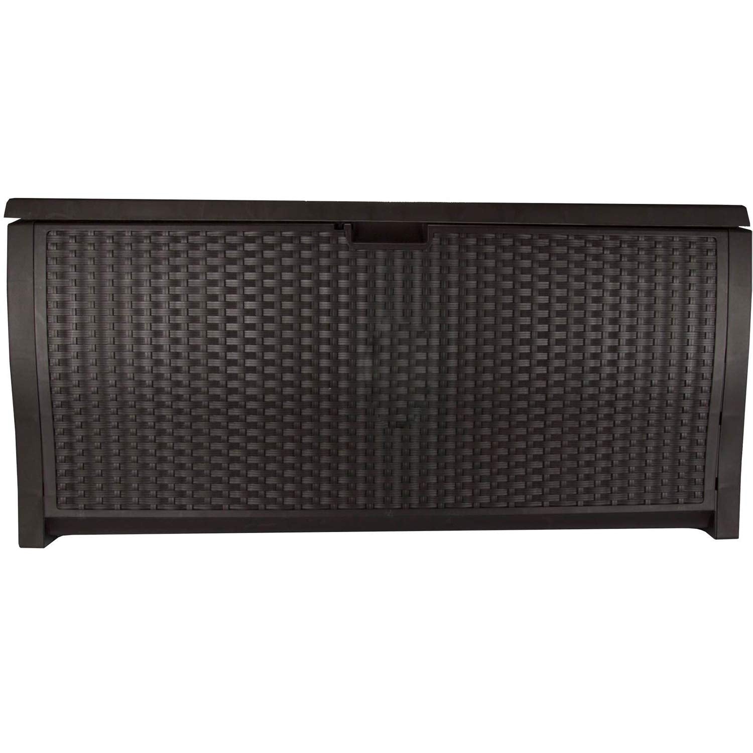 Suncast 99 Gallon Plastic Wicker Deck Box Container Storage for Garden, Garage, Home, Pool, Indoor and Outdoor Use, Mocha (2 Pack)