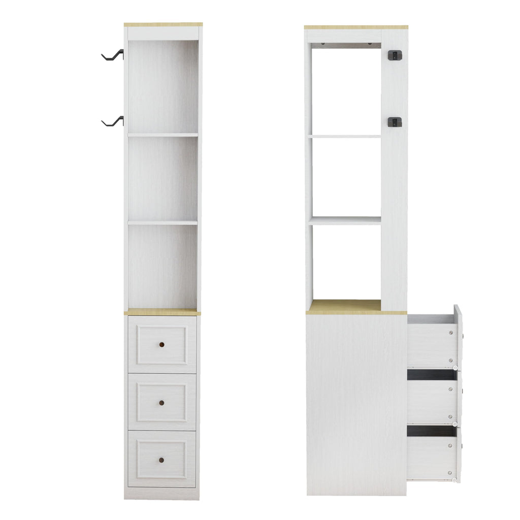 Havemies 73 Inch Media Storage Cabinet with Integrated Organization System, Antique White Slim Design Features 3 Drawers and Hooks for CD DVD and Game Console Display