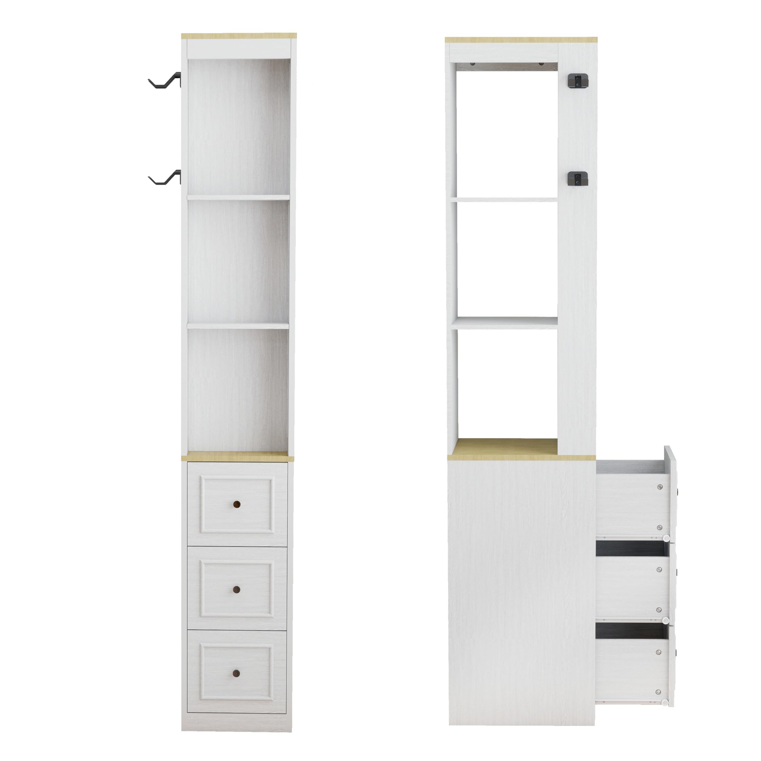 Havemies 73 Inch Media Storage Cabinet with Integrated Organization System, Antique White Slim Design Features 3 Drawers and Hooks for CD DVD and Game Console Display