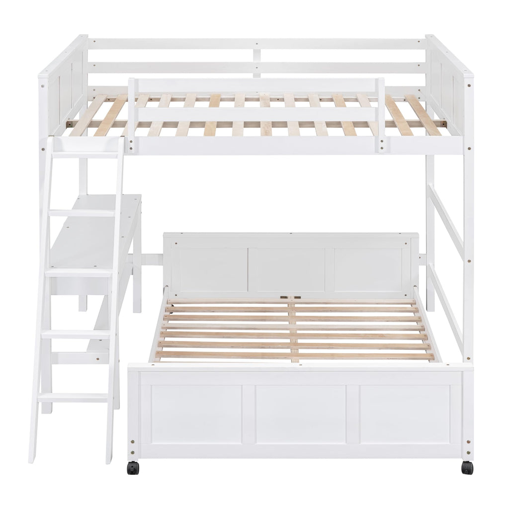 Full Over Full Bunk Beds with Desk, Wood Full Loft Bed Frame with Desk and A Stand-Alone Bed, L-Shaped Bunk Bed for Kids, Teens, Adults (Bottom Bed Can Be Moved, White)