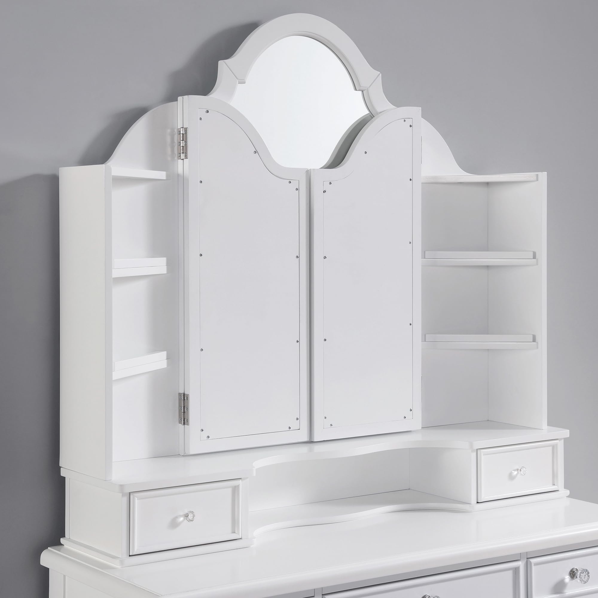 24/7 Shop at Home Nyx Traditional 3-Piece Wood 5 Drawers Makeup Vanity Table, Tri-Fold Mirror and Stool Set with Jewelry Storage, 7 Shelves, Padded Seat for Bedroom, Dressing Room, White and Gray