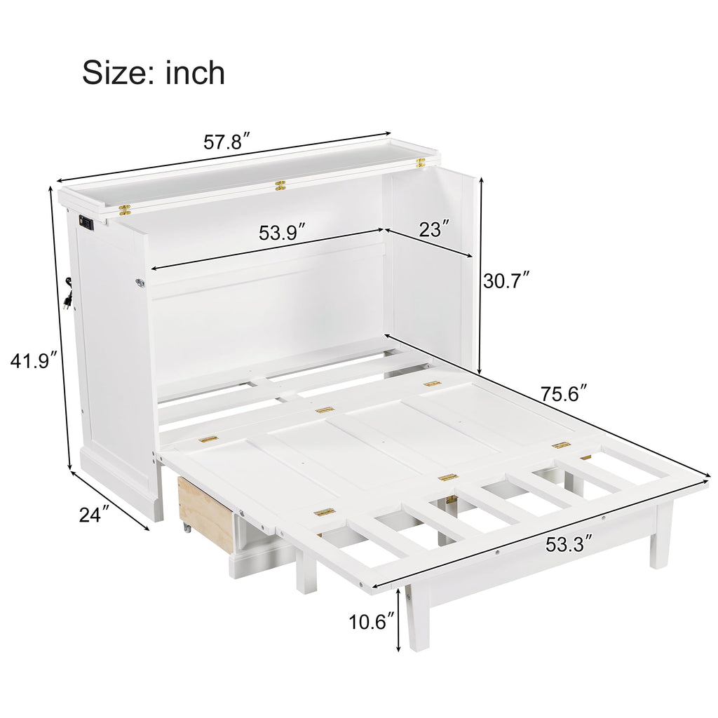 Merax Solid Pine Murphy Bed, Chest Cube Cabinet Bed with Charging Station and Large Storage Drawer for Home Office or Small Room, Full, White